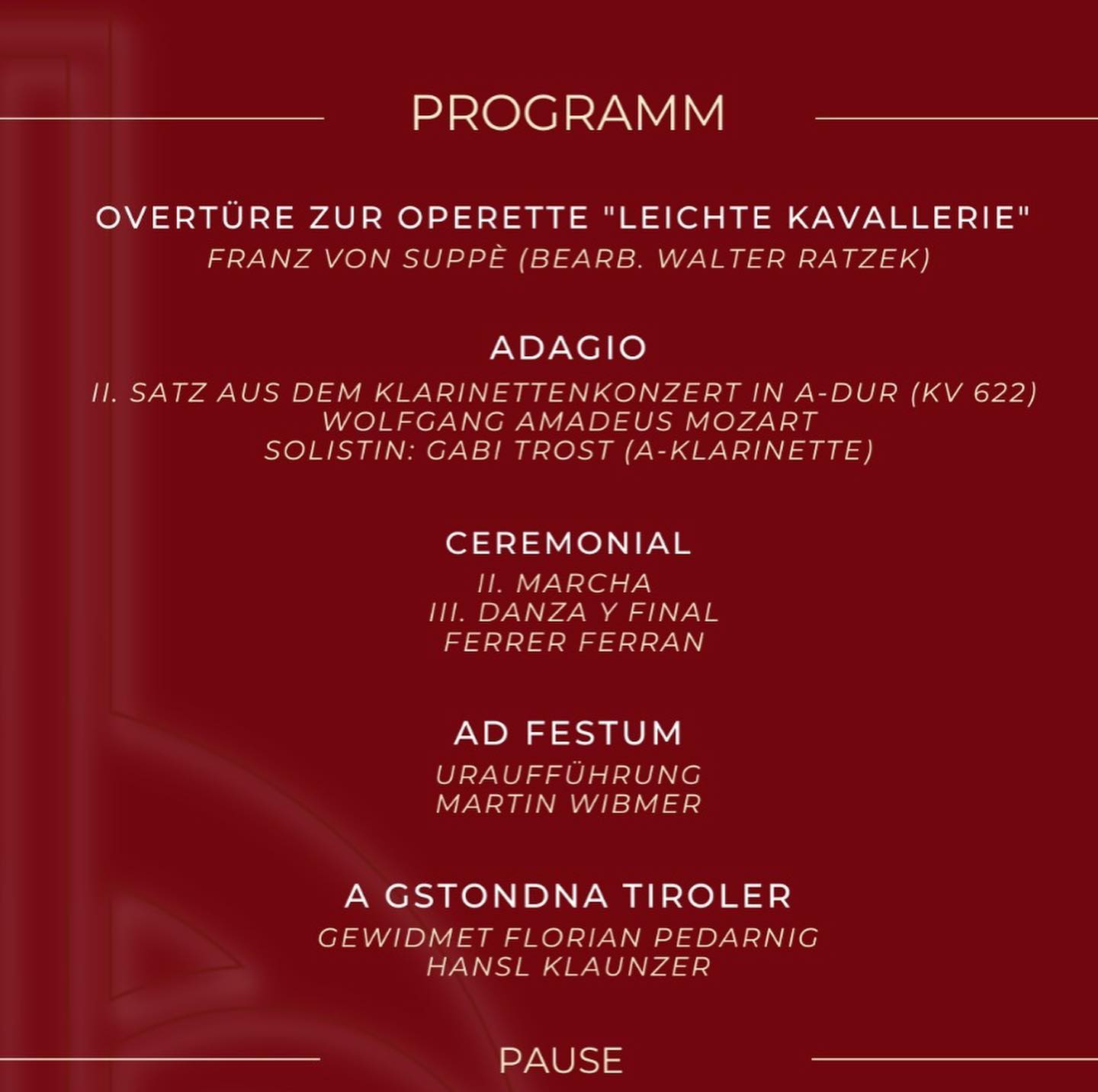 Freut euch gemeinsam mit uns auf ein spannendes und abwechslungsreiches Programm! Vom traditionellen Marsch, über Transkriptionen, Solowerke bis hin zur sinfonischen Blasorchesterliteratur ist für alle was dabei! 😍🎼🎤
#seidabei Samstag 11.3.2023 um 20.00 im Tauerncenter in Matrei. Eintritt frei!
Spezieller Dank geht auch an unsere Unterstützer und Sponsoren: 🙏
@idm_waermepumpen @osttirolbergtirol @felbertauern.strasse @blasmusikverbandtirol @raiffeisentirol Flussbau IC
#adfestum #sinfonischesblasorchester #dankefürdieunterstützung #Konzertprogramm #BPHO #blasmusikverbandtirol #oebv