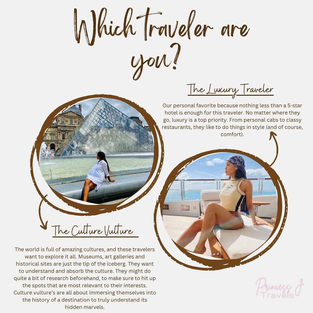 Which traveler(s) are you? ✈️
- The Luxury Traveler 💎
- The Culture Vulture 🎏
- The Party Animal 🎉
- The Chatter Box 🤭
- The Foodie 🥡
- The Thrill Seeker 🏄🏽♀️
- The Planner 📓
- The Baecationer 👫🏾
#explore #pjt #princessj #princessjtravels #whichtraveler #explore #wanderlust #theplanner #baecation #baecationgoals #foodie #thefoodiestation #culturevulture #partyanimal #partyanimals #chatterbox #naturelovers #luxurytraveller #luxurytravel #thrillseeker #blackownedbusiness #blacktravelagency #blacktravelfeed #traveldiaries #travelgram #girlstrip #europe #bali #dubai #phuket #egypt