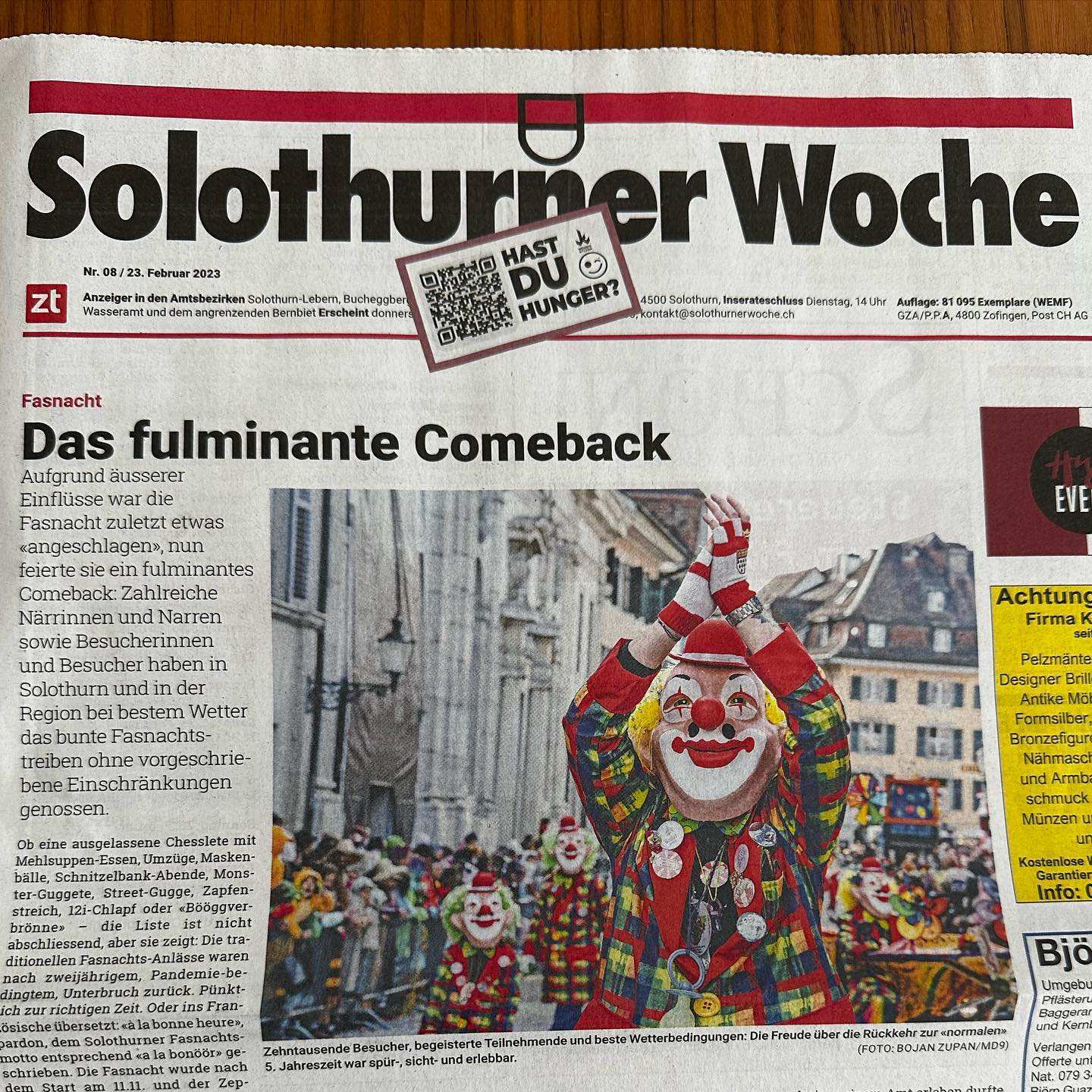Danke Solothurner Woche & @md9arts für d’Wahl vom Titelbild vo dr hütige Usgab 🙏🏻 🎉 🎊
.
.
.
.
.
.
.
.
.
.
.
.
#vorstadtzunft #vorstadtzunftsolothurn #fasnachtszunftvorstadt #stammzunft #solothurn #solothurncity #solothurntourismus #solothurnguide #solothurner #solothurnerin #solothurnfasnacht #solothurnerfasnacht #vorstadtsolothurn #vorstadt #wagenbauhunft #loooge #tribüne #honolulu #honolulufasnacht #alabonoer #fasnacht2023