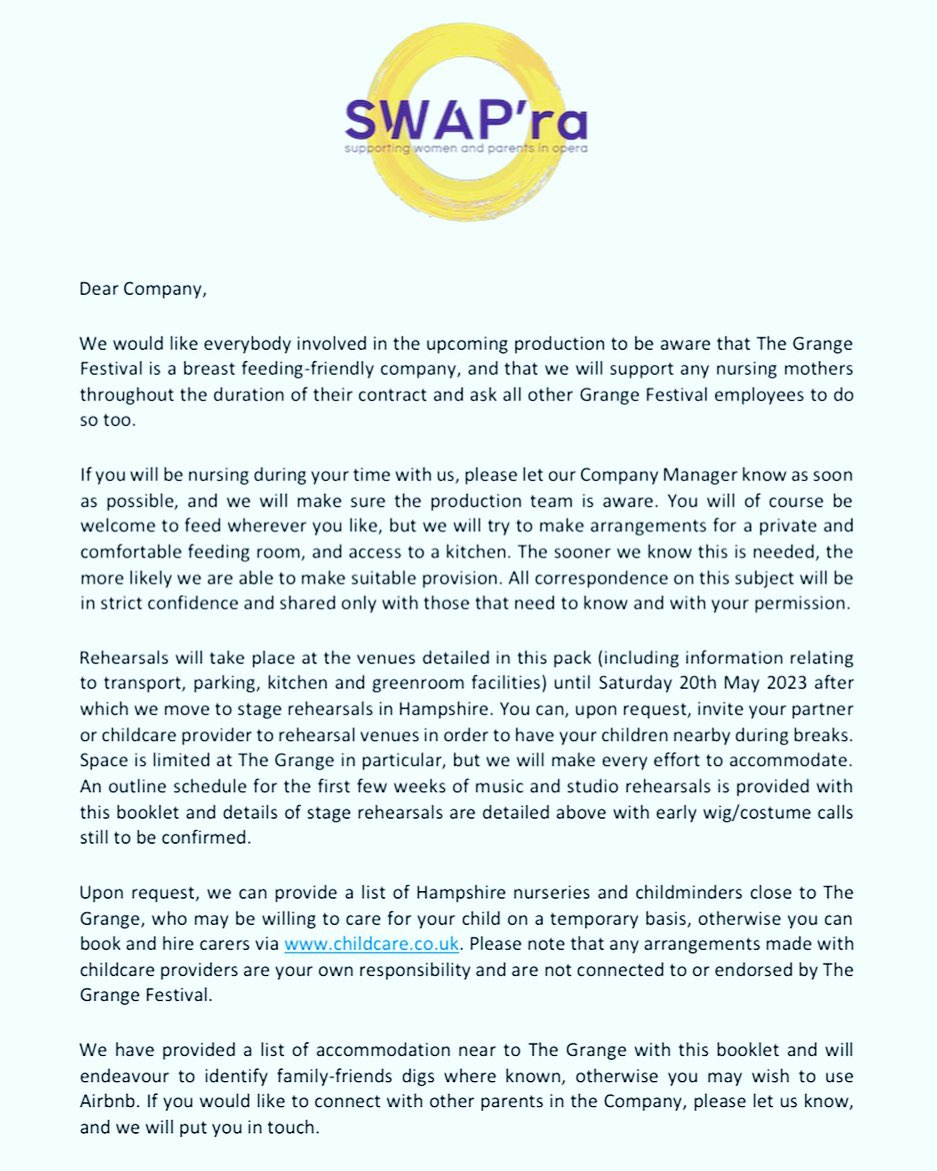 In the welcome pack from @thegrangefestival last week to their entire 2023 company. This also contained an advanced schedule 7-10 weeks ahead of the three productions starting. This is progress!! Thank you Grange Festival!
Parents don’t need extra time off. They just need info info info!
#smallsteps #parentsinperformance #operasingers #operasingersofinstagram