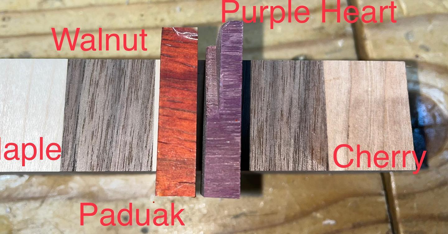 All the different woods next to each other to give you an idea what they look like when in the same picture. They are all unique in their own way! The colors get darker over time or like Purple Heart when in direct sunlight. #woodworking #hardwood