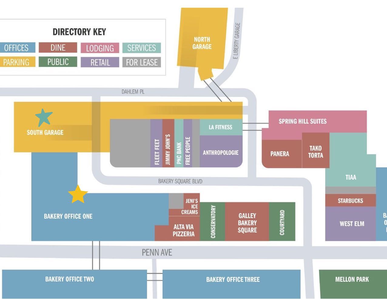 Tomorrow is the big day. Remember the event starts at 6 PM tomorrow✨
Please try to arrive a little bit earlier to check in. Also, bring proof of vaccination and your government issued ID✨You’re allowed to have photos of your vaccination card.
To get the closest entry to the event, please park in the south garage (blue star in photo).
Google’s entrance is in Bakery office one (yellow star in photo). You will be greeted by the check-in personnel. Check in will close at 6:30✨ light hors d’oeuvres will be served as well!
Hope to see you all there✨✨✨ registration for this event will close at noon today!