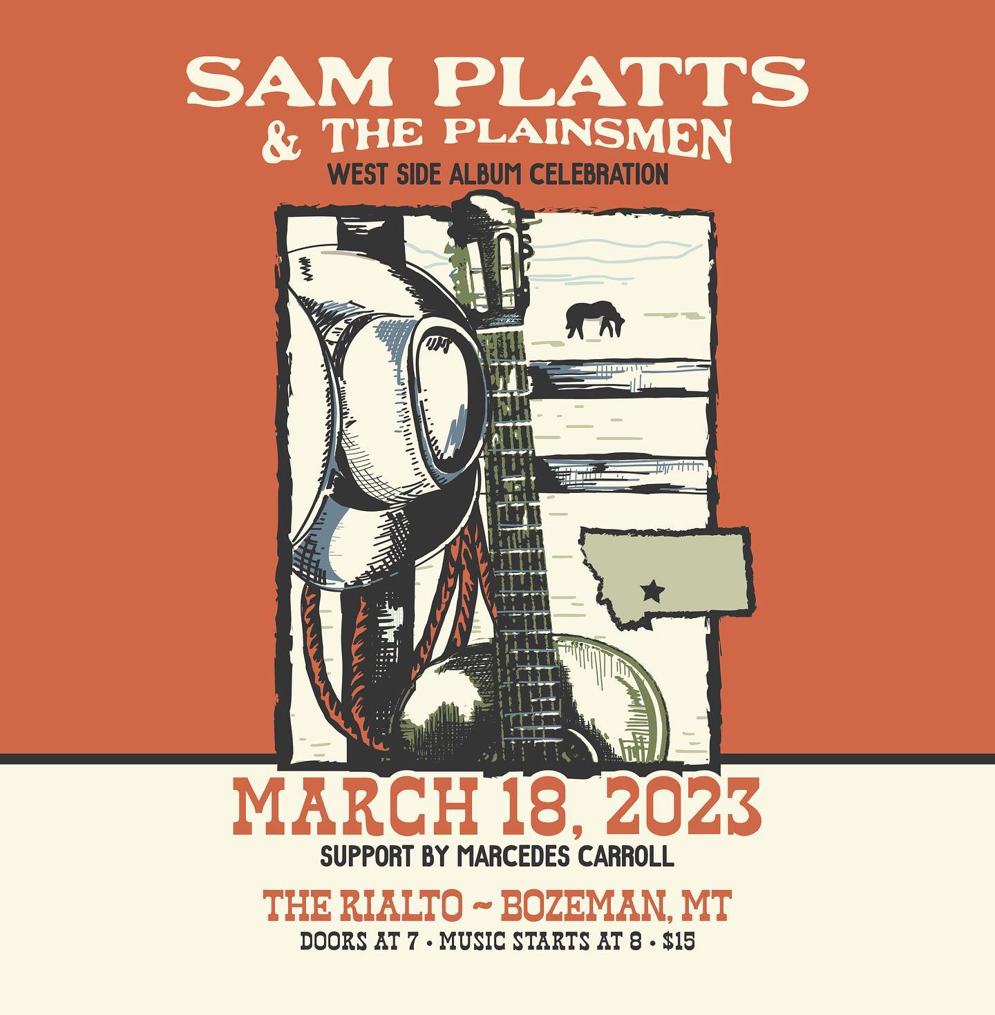 This Saturday! Come join us at @rialtobozeman for @samplattsandtheplainsmen album celebration show! The band released a new album this last winter and now that things are thawing out a bit, they decided it’s time to throw a party to celebrate! @marcedescarrollmusic will be opening the show and music starts at 8pm. Gets your tickets at the link in my bio or just show up and get yours at the door. See ya there!