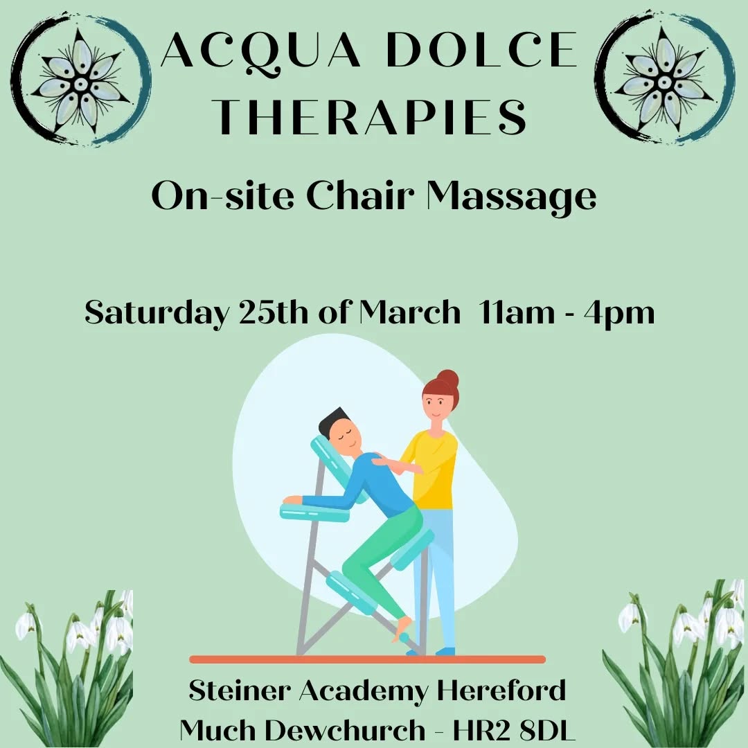 Hello Lovely friends. I don't show up here often but I'm still active and happily growing this venture offline. Just to let you know if you haven't plans yet for Saturday the 25th of March, there is a Spring Fair event happening in Much Dewchurch at the Steiner Academy from 11am til 4pm.
I'll be there offering small sessions of on-site chair massage.
For those who may don't know, chair massage is a 15/20 minutes massage focused on the back, shoulders, neck, arms, and head. Specifically designed to relax the muscles and improve flexibility and movement. You will find yourself seated in a specialized massage chair, with your face resting in a cradle. Your face is looking down towards the ground and your arms and legs are supported by the chair.
Your back and neck are fully relaxed while the practitioner provide relief to your muscles.
The massage is performed fully clothed and no oils are going to be used.
Come along and try or just pop there for a chat.
There will be food stalls, arts and crafts and other exhibitions!
Looking forward to see you there 🌻🌿😊
Martina
.
.
.
.
.
#massage #herefordshirebusiness
#herefordshire
#herefordholistic
#herefordmassage
#onsitemassage
#onsitemassagetherapy #chairmassage #springfair #steineracademyhereford #hereford #muchdewchurch #massagetherapyhereford #holisticway #holistichealth #holisticmassagehereford