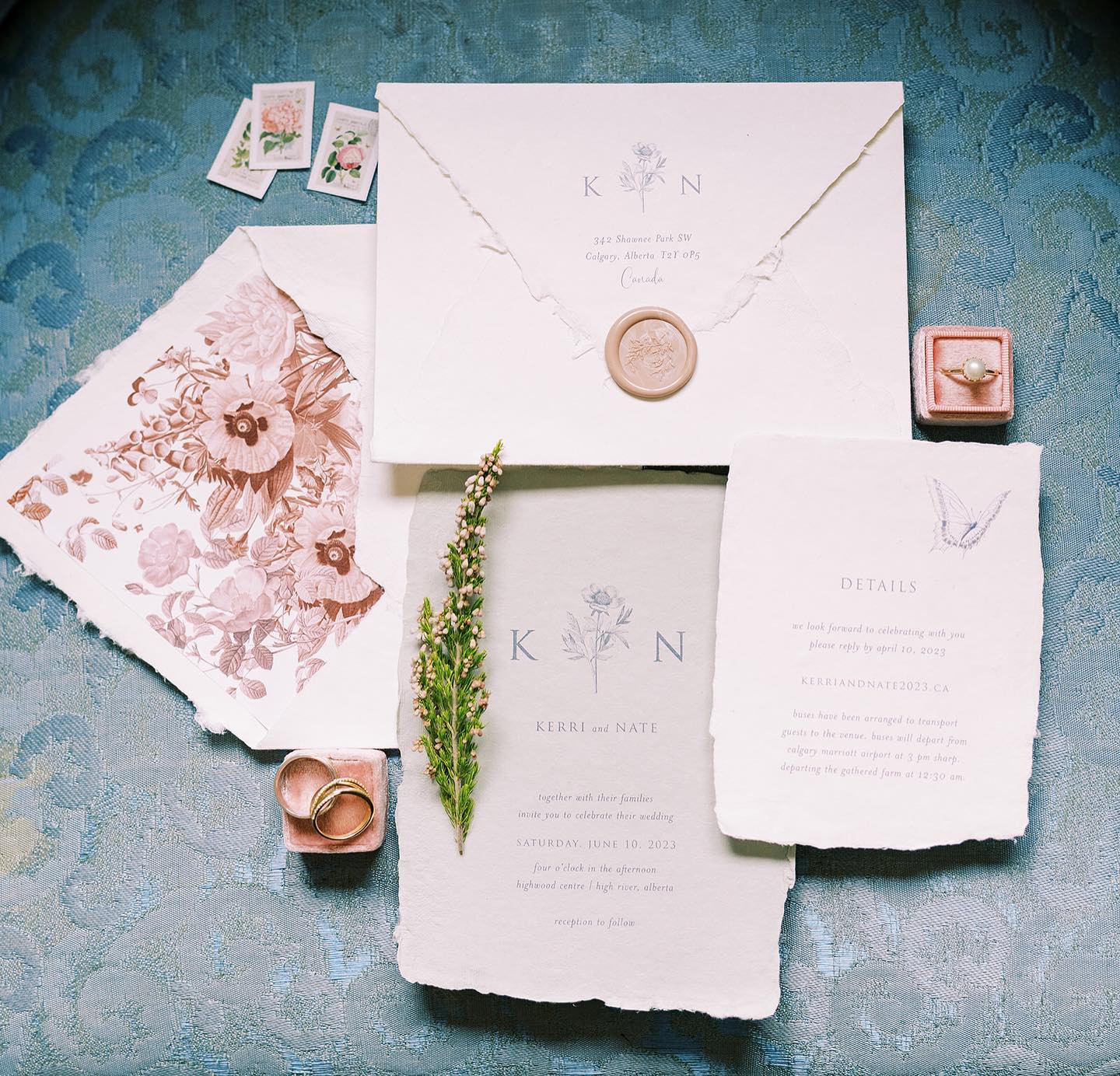 Vintage botanical prints, soft colours and hand made paper all work together nicely in this romantic spring inspired wedding style. #panacheinvitations #paperpanache #springstationery @megansawchukweddings @heather_johnston_creative @orangetrunk @littledaisyflorals @highwoodcentre @durandbridal @shimmerandglowmakeup @mikklowes @adx_diamonds @jaihoaccessories @modernrentals.ca @studiohaven__ @megtseitz @gingerandspicecakery