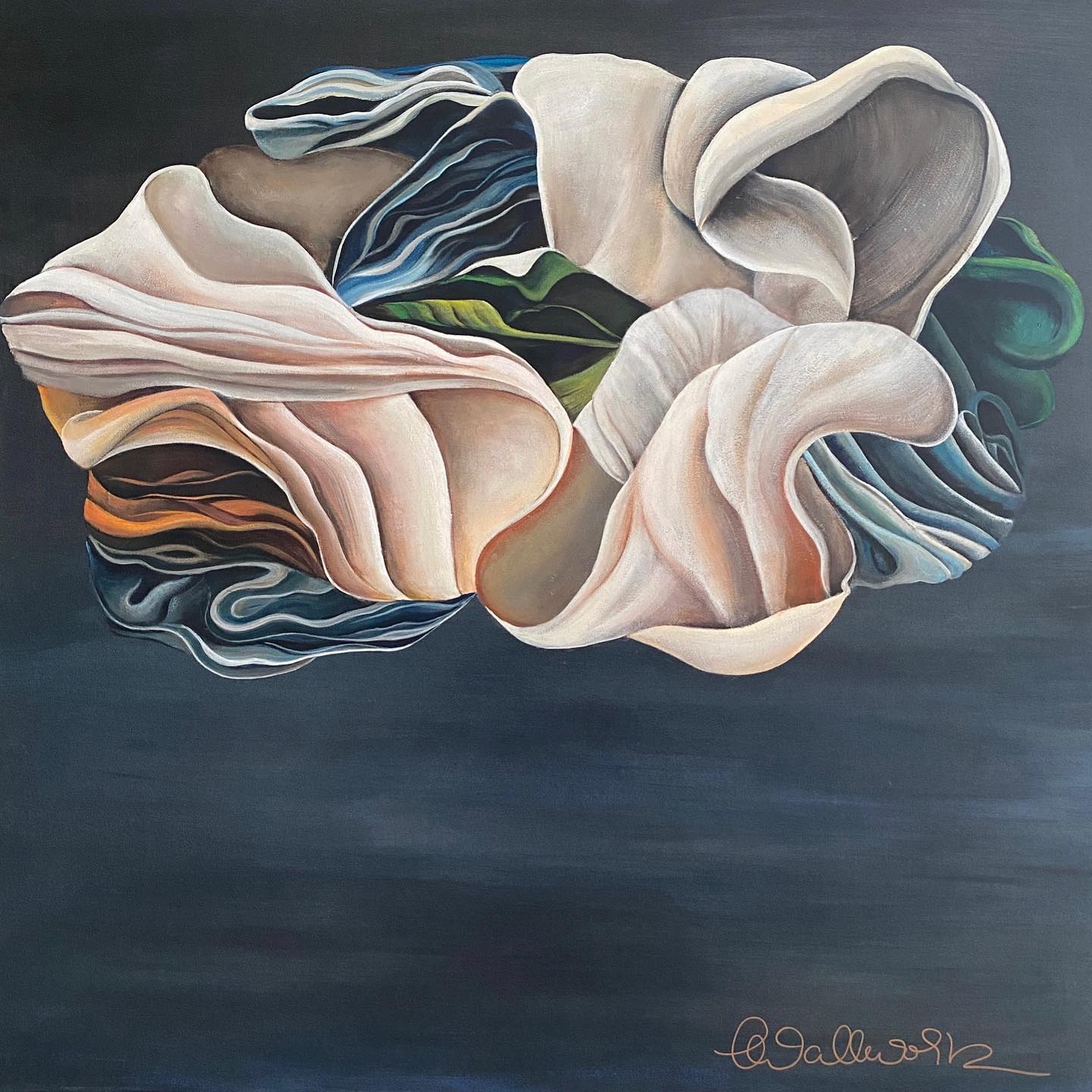 ‘The Fabric of my Dreams’.
Mixed media on canvas.
940 x 940 mm.
I spin a shroud about the past,
Fall within to primordial places,
Where I dissolve and resolve,
Rearrange my very molecules,
And imagine myself flying.
- Holometabolism