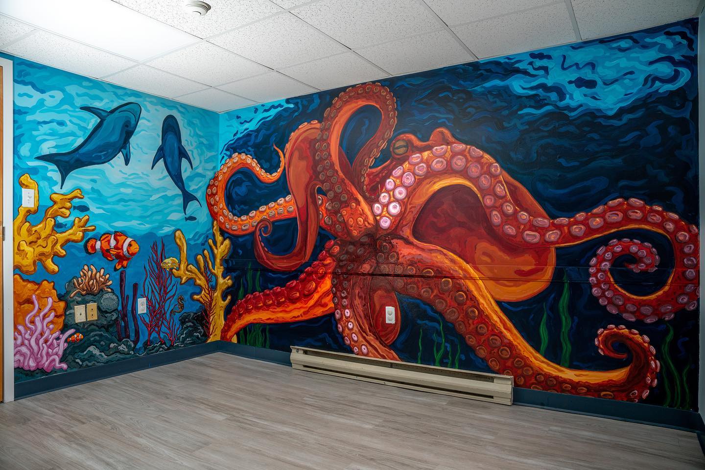 An Undersea Cacophony! I’m very proud of this recent mural for Newburyport’s Riverside Pediatrics. Enjoy some of these underwater delights over the next week — I’ll be making a number of posts that feature the mural from big picture takes to some of my favorite details. All of these photos were taken by the incredible @estemar720 . Highly recommend him for any photo needs you may have!
.
.
.
#mural #murals #publicart #undersea #oceanart #coralart #octopusart #🐙 #fineart #golobart #newburyport #essexcountycreates #merrimackvalley #bosart #painting #goldenacrylics #fishart #riversidepediatrics #hospitalart