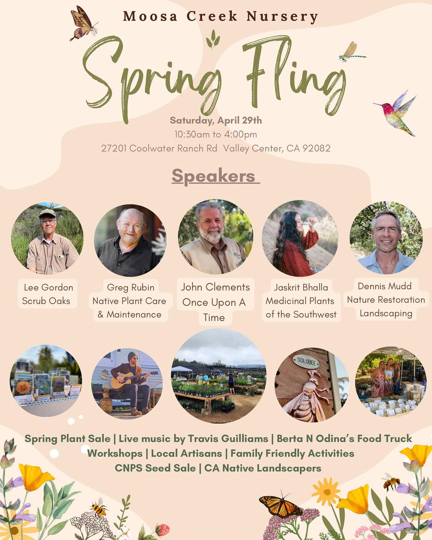 Please join us for our annual
Moosa Creek Nursery Spring Fling event
April 29th, 10:30am to 4pm.
We are so excited to have our community join us here at the nursery to learn and nerd out on California native plants! ๐๐ค๐ฑ
- Speakers throughout the day
- Live music by Travis Guilliams
- Berta N Odinaโs Food Truck
- Local Artisans
- Workshops: Seed Balls & Recycled pots
- Local CA Native landscapers
- CNPS Seed Box
- Spring Plant Sale
- 20% off Presale (for event attendees only)
Tickets are available through eventbrite and can be located from the link on our profile.
See you there! ๐๐๐ผ๐ธ๐๐ฑ๐ฆ๐
#moosacreeknursery #socalevents #socalcommunity #sandiegoevents #californianativeplants #pollinators
#valleycenter #canativeplants