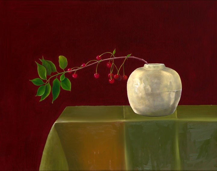 Cherries and that ceramic vase again. I must have been feeling very Zen when I painted this. I was inspired by the almost horizontal twig with the cherries ready for picking. Often I remember the feeling of a painting rather than the process. I still enjoy this one and hope that it’s new owners do too. #zen #stilllife #scottishartist #cherries #garden #flowers #edinburghartist