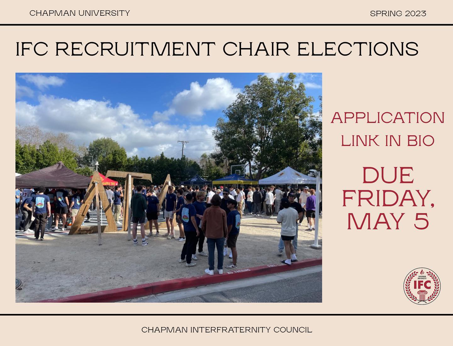 Want an opportunity to be a part of IFC Exec?
We are looking for a new Recruitment Chair for the Fall Semester! Elections will be held next Monday night at 10PM. Apply at the link in our bio