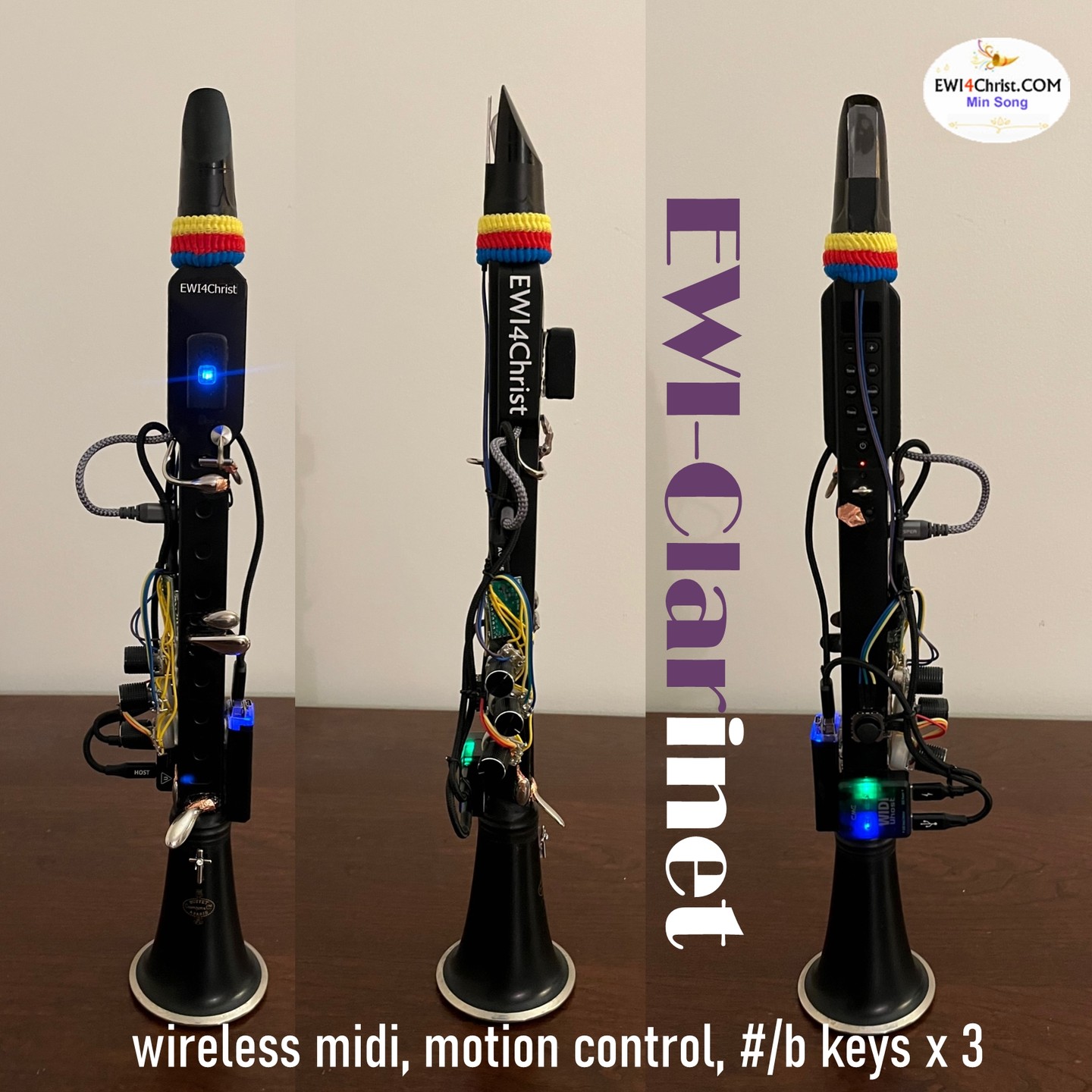 EWI-style E-Clarinet : transformed a KONIX DC02 digital wind instrument into the EWI-style E-clarinet.
1. Yamaha WX-5 style mouthpiece for pitch control, vibrato.
2. 4 way midi controller for various modulations such as LFO vibrato, growl, etc.
3. Hot hand wireless midi controller provides motion control for extra modulations like portamento, fluttering, etc.
4. Full EWI fingering by adding 3 sets of sharp/flat keys for pinkies
5. Two CME WIDI Uhosts for full wireless midi function
6. Mini speaker inside the bell for practice without sound module
#ewi #windcontroller
