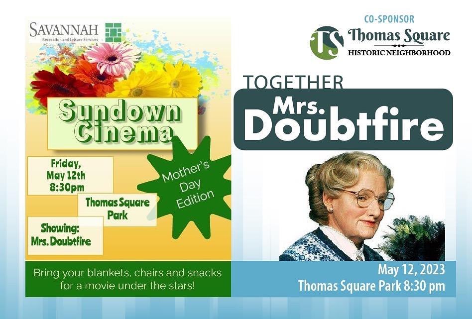 We’ve partnered with the @cityofsavannah to bring you another movie night this Friday!! Bring your blanket, chairs, and snacks and enjoy a movie under the stars ⭐️⭐️
🎥 Mrs. Doubtfire
🗓️ Fri, May 12 @ 830pm
📍 Thomas Square Park (921 Bull St - corner of 35th street)
*early arrival suggested to secure your spot on the lawn
See you there!!