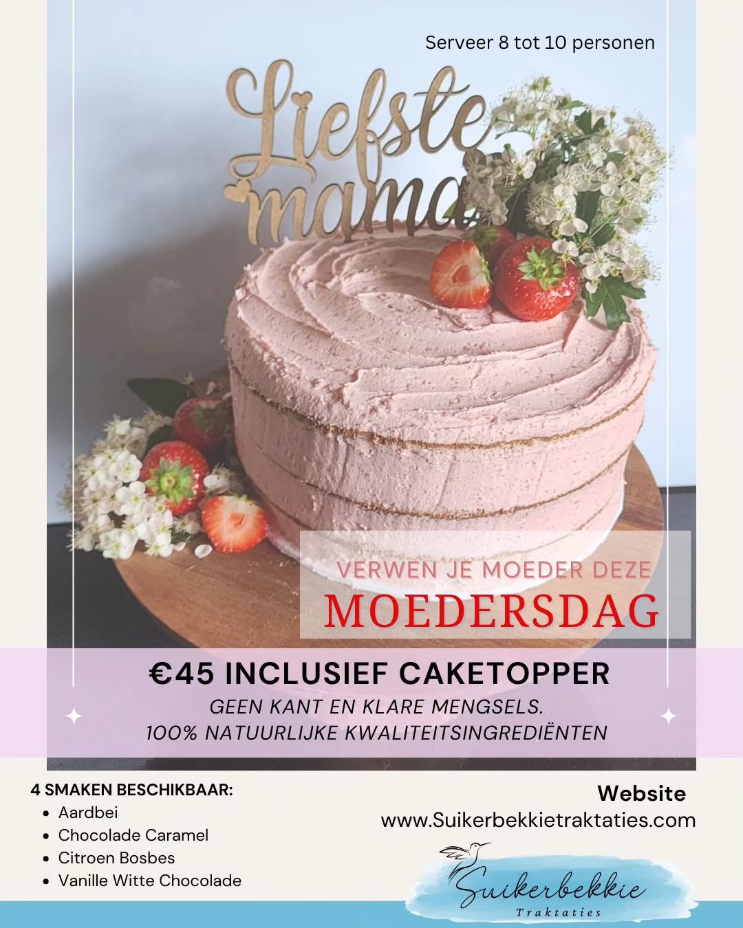 Beste allemaal,
Ik heb geweldig nieuws! Suikerbekkie Traktaties is nu open voor zaken en ik kan niet wachten om onze heerlijke taarten met jullie te delen. Ter ere van Moederdag op zondag hebben we een selectie van 4 smaken samengesteld waaruit je kunt kiezen: Aardbei, Chocolade Caramel, Citroen Bosbes en Vanille Wite Chocolade.
Onze taarten zijn vers gebakken met de beste ingrediënten en zijn perfect om jouw moeder mee te verrassen op haar speciale dag. Of je nu op zoek bent naar een zoete traktatie voor jezelf of voor iemand anders, Suikerbekkie Traktaties heeft voor elk wat wils.
We zijn erg enthousiast om onze taarten met jullie te delen en kijken er naar uit om jullie binnenkort te verwelkomen!
Met vriendelijke groet,
Suikerbekkie Traktaties