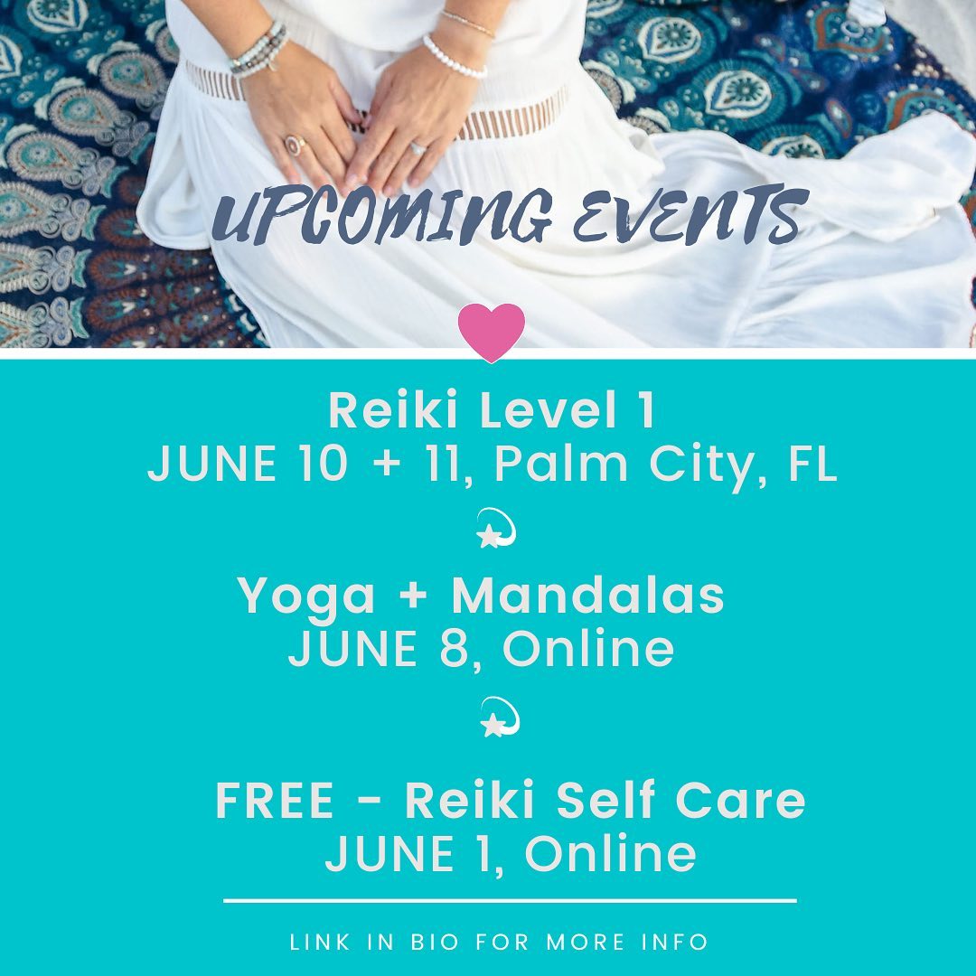 A few events coming in June ๐ Iโm so excited to host Reiki classes in-person again! Two spots already filled for June 10+11 class so signup if youโre interested and grab the early bird rate. If a beach vacay is calling to you and youโve been interested in taking Level 1 Reiki then come on down to FL ๐๐๐๏ธ Link in bio or DM me with questions๐