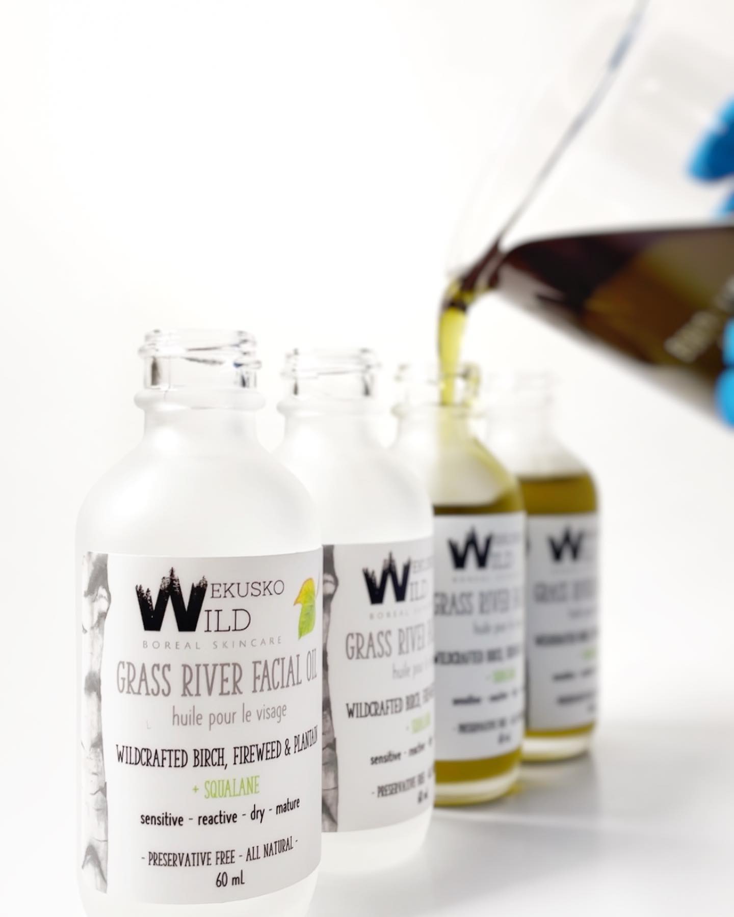 🌿Crafting with care - a small batch of Grass River Facial Oil. Yes I pour them one at a time by hand! This facial oil is designed for very sensitive reactive skin with no added color, fragrance or preservatives. Fireweed, birch and plantain are shown to reduce redness and calm skin suffering from allergies, rosacea and damaged barrier function. Sensitive-safe organic plant oils are joined by olive squalane oil which closely resembles our skin’s natural sebum so it absorbs easily and deeply moisturizes and softens. Suitable for mature, dry or reactive skin (including oily or acne prone) this facial oil pairs effortlessly with a moisturizer to trap in moisture day or night to facilitate repair. Experience more even, soft and comfortable skin #wekuskowild #grassriver #facialoil #reactiveskin #sensitiveskin #organicskincare #fireweed #plantain #birch #chlorophyll #preservativefree #noessentialoils #womanowned #manitobamade #barrierfunction #leapingbunnycertified 🐇