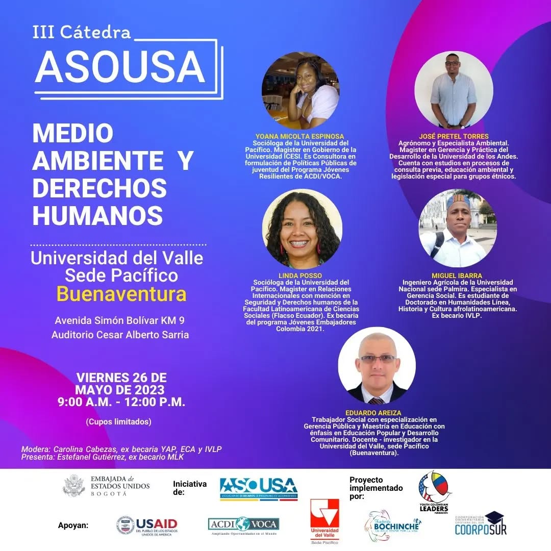 Nuestra próxima parada de Cátedras ASOUSA es BUENAVENTURA 🚨
Está iniciativa es de la Asociación de Ex becarios de Programas Estadounidense y liderada por la Fundación Youth Colombian Leaders, en colaboración con la Embajada de Estados Unidos y la Universidad Del Valle - Sede Pacífico, llevaremos a cabo la séptima sesión de la #CátedraASOUSA2023.
Te esperamos el viernes 26 de mayo de 9:00 am a 12:00 pm en la Avenida Simón Bolívar KM 9 - Auditorio Cesar Alberto Sarria, para que hablemos de: Medio ambiente y derechos humanos. 🤩
No puedes pasar por alto esta gran oportunidad, ya que, contaremos con la participación de expertas, expertos y ex becarios de programas del U.S. Department of State Exchange Programs - U.S. Department of State.
¡Entrada libre hasta completar el aforo!
Con el apoyo de @usembassybogota - @usaidcolombia - @acdivoca_colombia - @univallebun - @youth.colombian.leaders - @fundacionbochinche - @coorposur @asousa_colombia