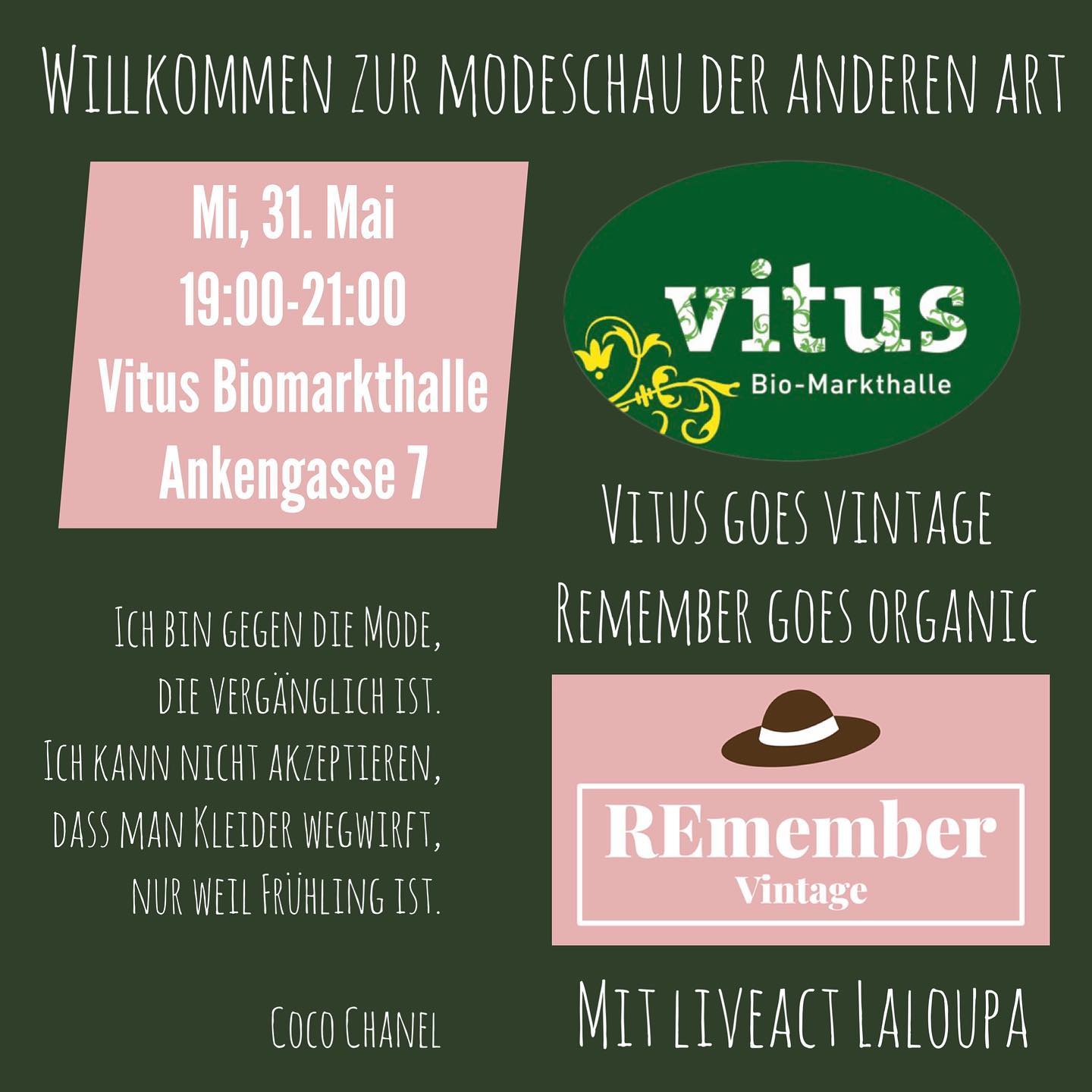 We are looking forward to our fashion show 📸 hosted at @vitus_biomarkthalle on
———————————————
Wednesday, 31st of May
19:00-21:00
———————————————
REmember goes #organic. Vitus goes #vintage.
Come and visit us to see some of our favourite outfit picks, stay for a drink and snacks 🥂
#zurich #secondhand #fashion #fashionshow