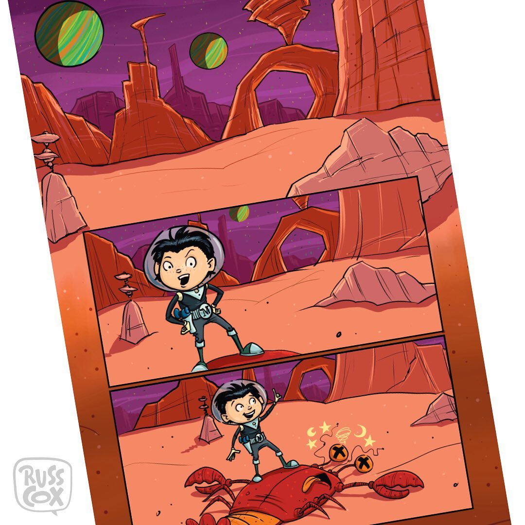 I received the o.k. to share a sample page from a graphic novel I’ve been working on for a while now. I removed the speech bubbles as not to reveal any story details. This 160-page book comes out early next year! #kidlit #kidlitart #graphicnovel #kidsgraphicnovel #andrewsmcmeel #clipstudio #digitalillustration #characterdesign #spacetheme