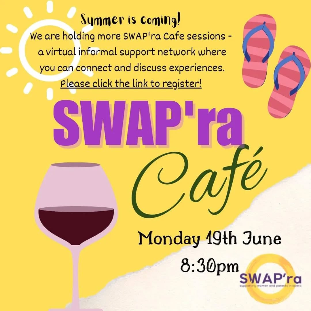 Join us online at the SWAP'ra Cafe - Monday 19thn June at 8:30pm
Click the link to find out more & register ➡️ https://www.swap-ra.org/cafe
#swapra #parentsinperformance #operamum #operadad #swapracafe #operasingersofinstagram