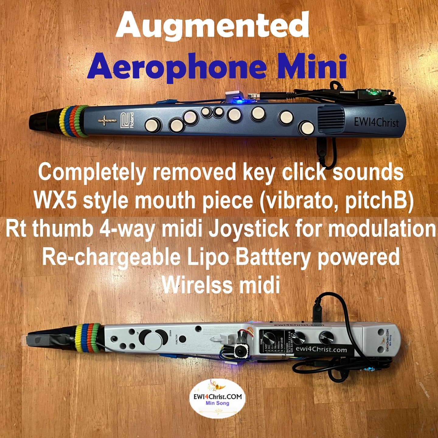 - Augmented the Roland Aerophone Mini to be used for EWI performance
1. replaced the plastic key bases by soft polymer sticks and wrapped the keys with thin cigarette papers to remove annoying key click sounds.
2. WX5 style mouth piece for vibrato and pitchbend
3. 4-way midi joystick for right thumb - modulation, portamento, growling, etc
4. All powered by a rechargeable Lipo battery
#aerophone #ewi #windcontroller