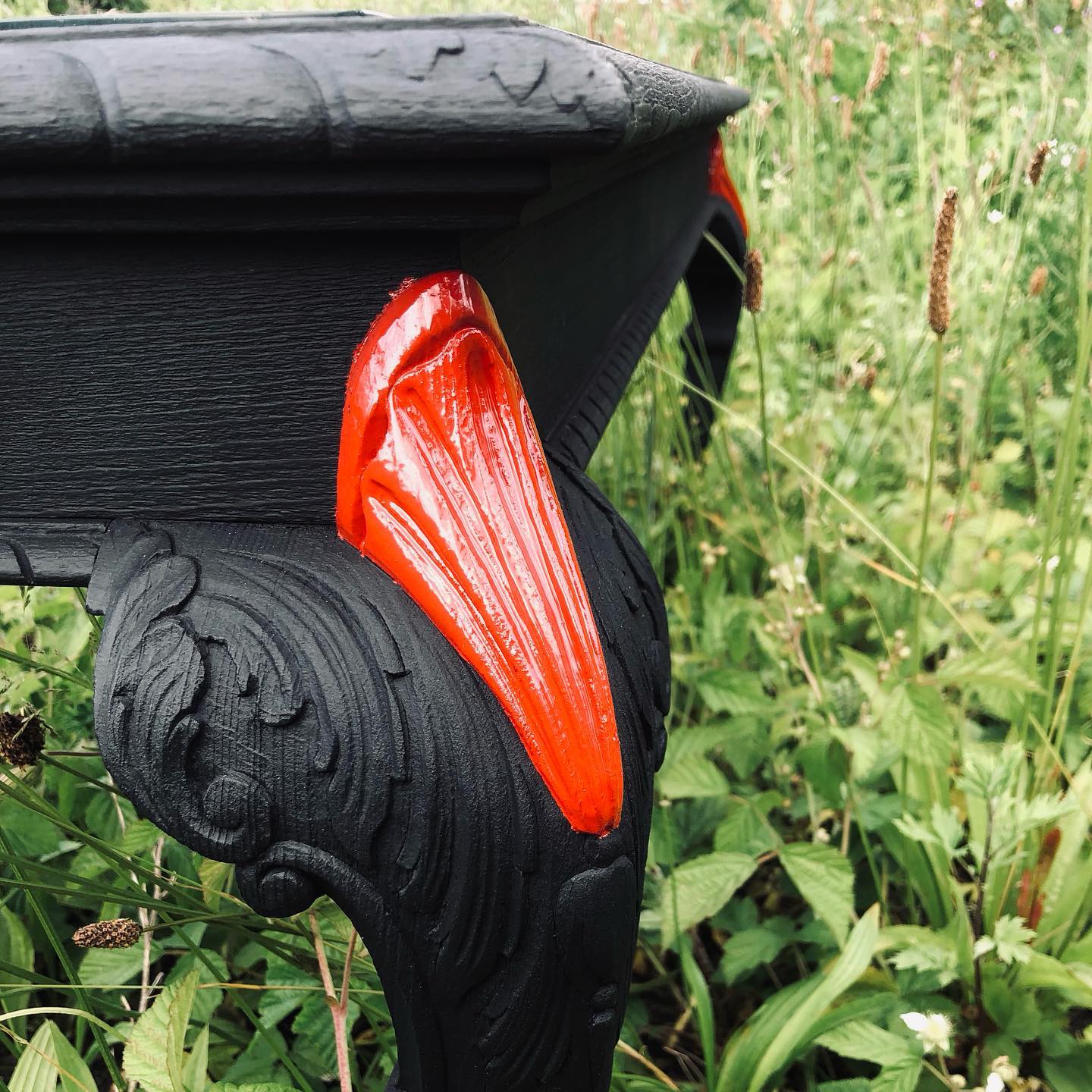 > more upcycling!
Here’s another nice little side-hustle.
This Solid french oak vortex table has been sandblasted to bring out the beautiful wood grain, and my first idea was to finish the piece with a natural colourless oil. But once the original naked wood was visible this table turned out to be very stained through the test of time. Life is about improvising, so I decided to finish the piece with a charred matte black color, in contrast with some bright reds to highlight the handmade sculptures.
I’m pretty happy with the end result.
What do you think?
It’s pretty poignant to see how much raw materials bursting with character this world is throwing away, just to buy something ‘(n)ew’, mostly inanimate, soulless and mass produced. It’s blatant and even somewhat abhorrent.
At Lowie Catorze headquarters we love to make a change and are always on the lookout to collect those beautiful second hand resources and give them a descent new life. It takes courage, respect, perseverance and definately an investment of time to convert these natural beauty’s into new, everlasting items of enjoyment.
Nevertheless, we love it!
Be the change you want to see.
#design #oldbutnew #recycle #fresh #furniture #upcycle #woodworking #handmade #paintjob #change #lion #pieceunique #sidehustle #detail #closeup #texture #oak #structures #redo #naked #remix #frenchoak #table #red #charred #bethechange #abhorrent #maker #extrememakeover #makersgonnamake