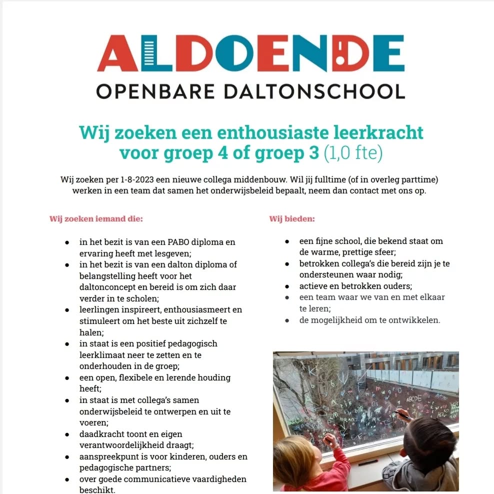 Word jij onze nieuwe collega? Daltonschool Aldoende, gelegen naast het Oosterpark in Amsterdam-Oost, zoekt nieuwe leerkrachten (0,6-1,0 fte) voor zowel de onder, midden- als bovenbouw.
Voor vragen/interesse, mail naar: directie@obsaldoende.nl
https://www.obsaldoende.nl/
Delen wordt gewaardeerd!
#vacature #amsterdam #onderwijs #aldoende #amsterdamoost
