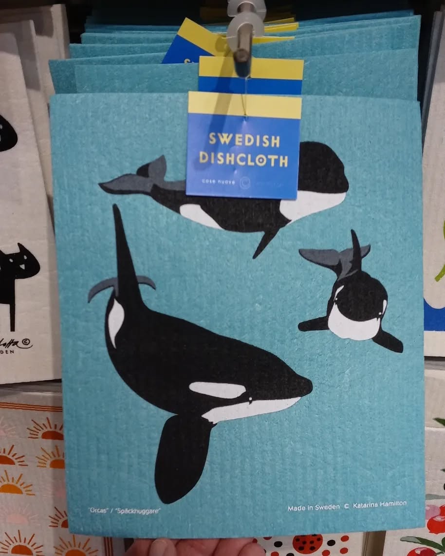 Molbak's is also my go to for eco friendly kitchen items that are still beautiful and effective. These sponge, plastic wrap, & paper towel alternatives are perfect for gift baskets, house warming, or just reducing your own footprint.
I don't find this selection of prints just anywhere! This Orca print in particular is not available everywhere that carries the Swedish dishcloths. If you're shopping for someone who likes specific colors or themes this is the spot to do it!
#ecoswaps #shoplocal #sustainableliving