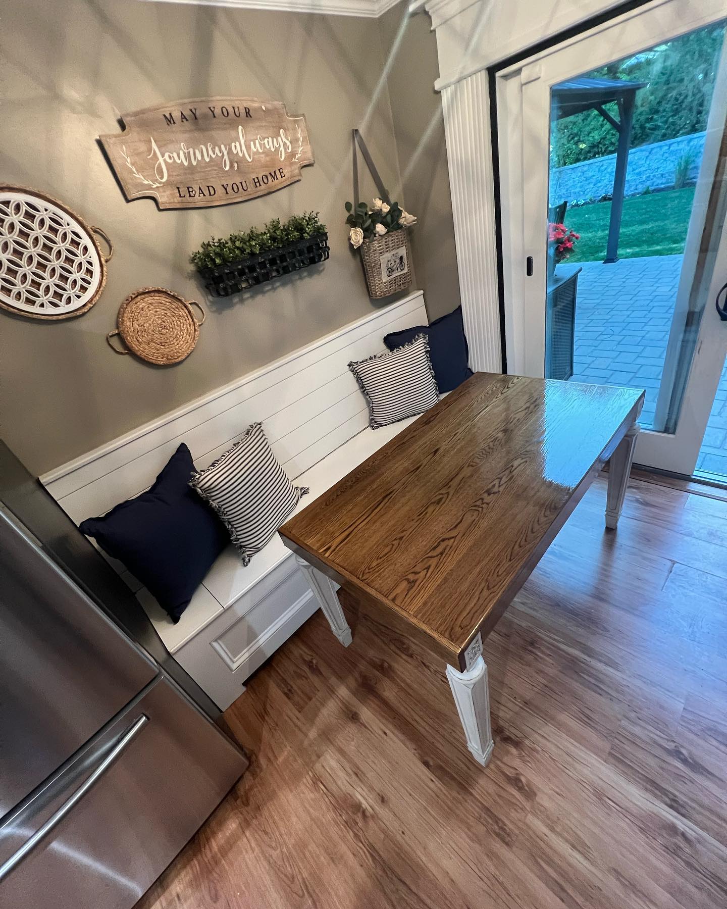 White oak table , a panelized storage bench and some saloon doors we completed for a return customer ! Contact us for anything you need built