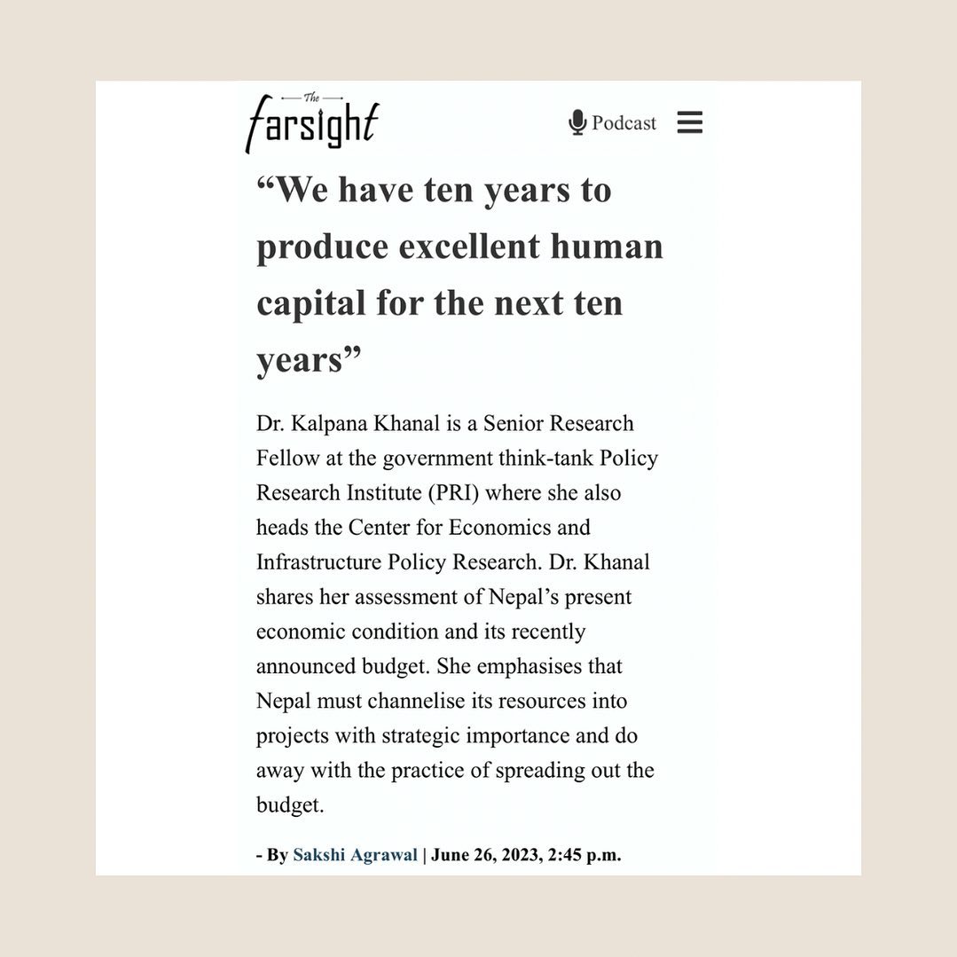 In my latest article for Farsight Nepal, I interviewed Dr. Kalpana Khanal — Senior Research Fellow at the government think-tank, Policy Research Institute (PRI) — who shared her assessment of Nepal’s present economic condition and the recently announced budget.
She emphasises that Nepal must channelise its resources into projects with strategic importance and do away with the practice of spreading out the budget.
Read the article using the link in bio.
#nepal #nepaltravel #nepaldiaries #nepalnow #nepaleconomy #nepalbudget #sakshireports
