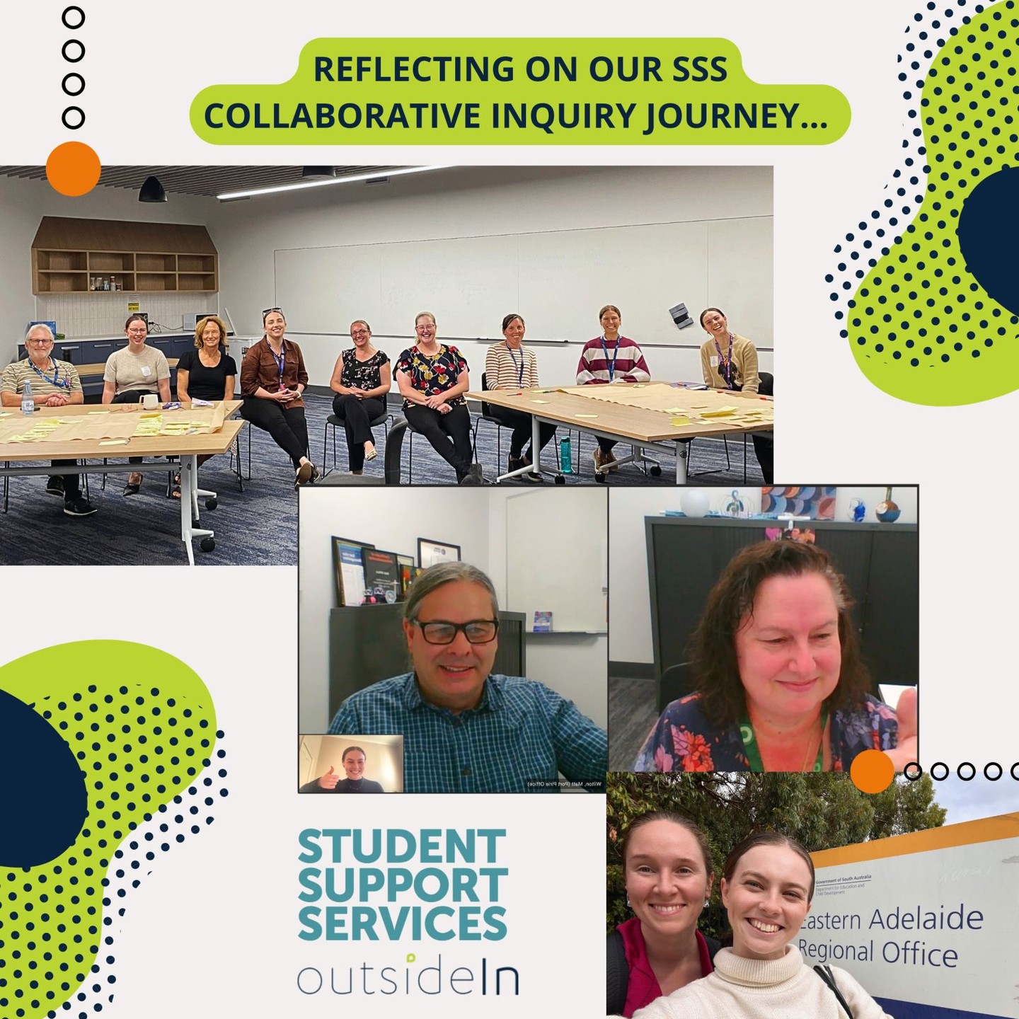 In 2021, OutsideIn and Student Support Services (SSS) came together to brainstorm. The topic... the continuous improvement of all SSS offices across South Australia (a courageous journey and partnership was ahead!).
2 years on, and 13 offices later, we have just wrapped up our final CollaborativeInquiry™ with the last SSS office (pictured below!).
Each CollaborativeInquiry™ involved the connection of our team with SSS leaders and staff. Rich conversation and collaboration informed bespoke and targeted PeopleStrategies™ - shaping those next smallest steps in each office's unique roadmap.
Setting foundations that bring out the best in their people, schools, and ultimately student outcomes.
A big thank you to Jacqui Boylan, Matt Wilton, and Sarah Anstey for partnering with us from the start, and every office that has followed across these two years.
A special mention to Caroline Croser-Barlow for initiating this opportunity to work together with SSS teams.
It has been a privilege to meet and work along side the amazing SSS leaders and staff, who dedicate themselves whole heartedly to supporting students, teachers, and schools across South Australia.
To each Team Manager and their unique SSS team, we look forward to seeing where those 'next smallest steps' take you!
#peoplestrategy #collaborativeinquiry #studentsupportservices #performancepsychology #teamdevelopment #continuousimprovement