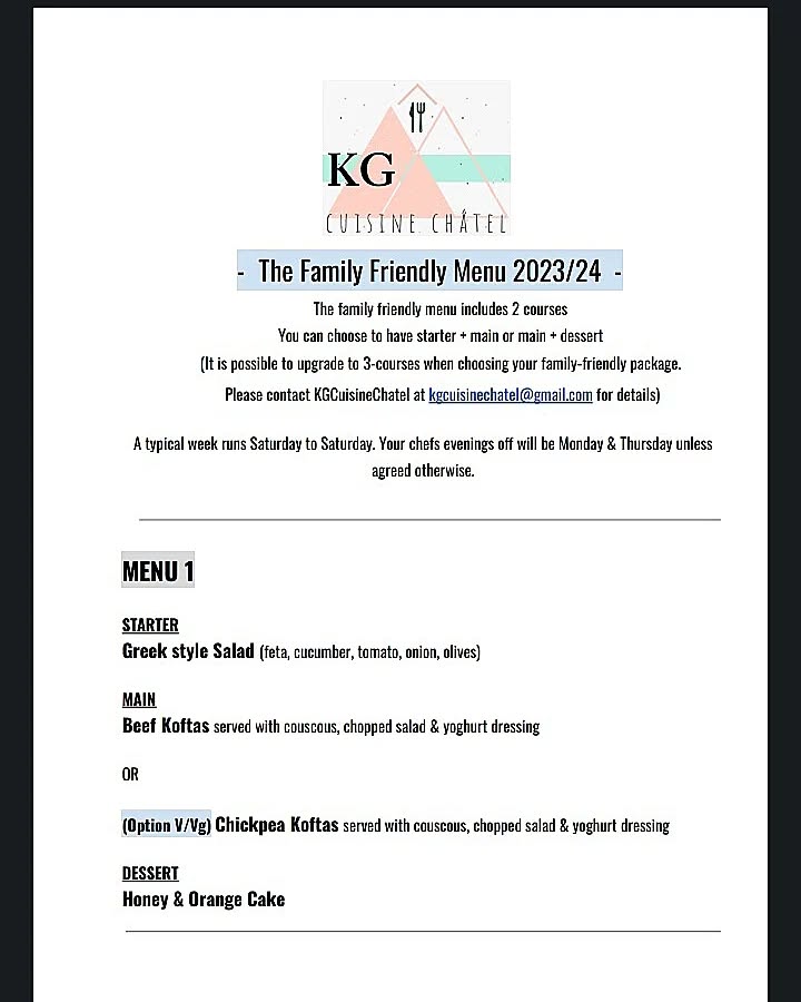 FAMILY FRIENDLY MENU 2023/24
Available from July 2023
#chatel #catering #chaletchef