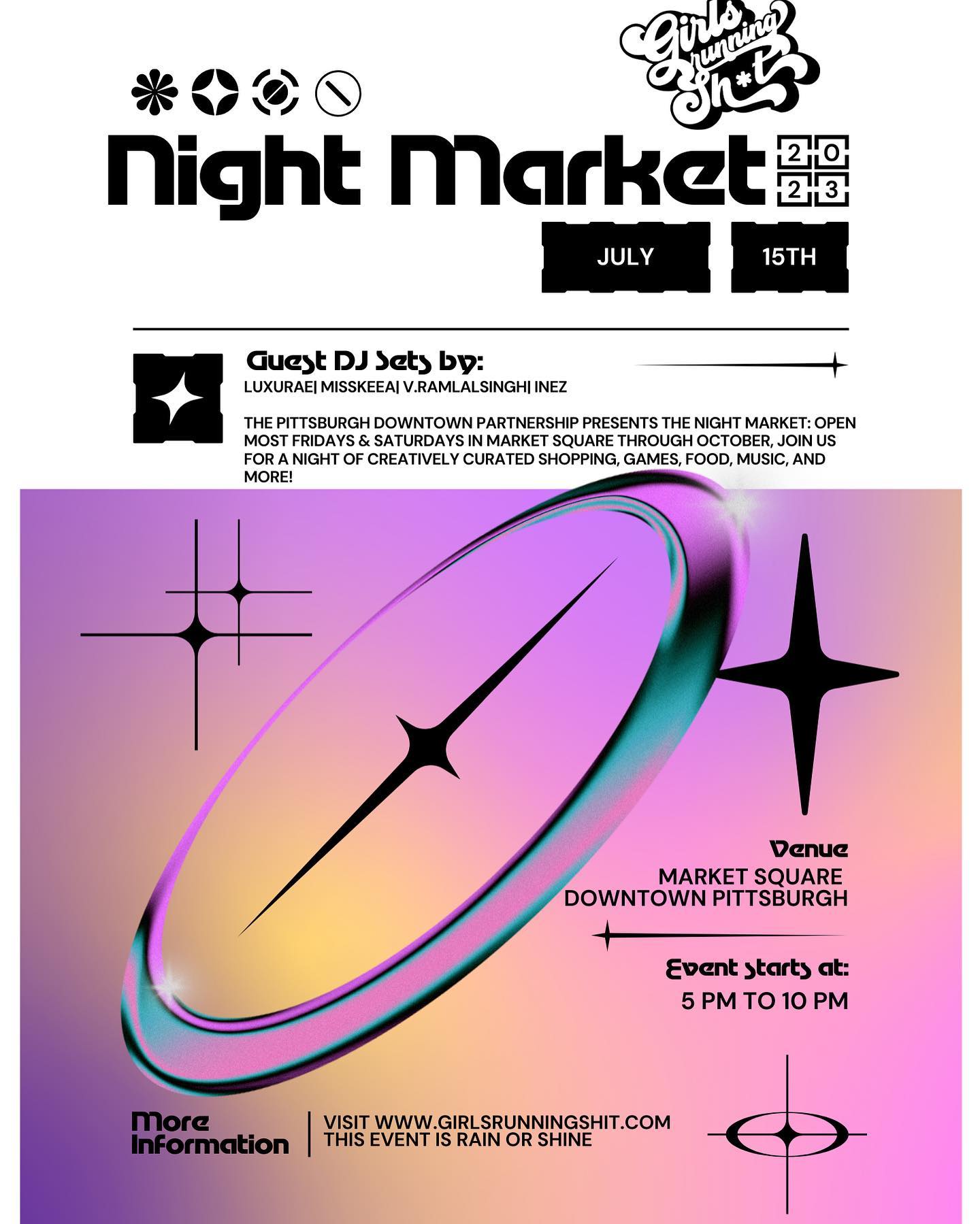 @girlsrunningshit is collaborating with @downtownpitt for their Night Market on July 15th at 5PM✨#pghnightmarket
The Pittsburgh Downtown Partnership presents the Night Market: open most Fridays & Saturdays in Market Square through October, join us for a night of creatively curated shopping, games, food, music, and more!
Dj sets by:
@v.ramlalsingh
@luxurae_hair
@misskeea
@frominezwithlove
You don’t want to miss this!