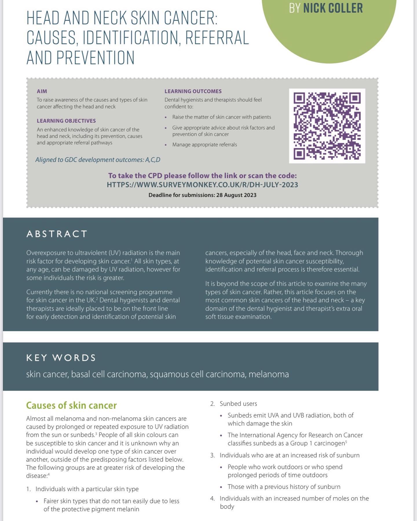 đ PRESS đ
Latest article of cancer of the head and neck
Link to follow.
.
.
.
.
#melanoma #melanomaawareness #skincancer #skincancerawareness #skincancerprevention #basalcellcellcarcinoma #squamouscellcarcioma #dentalauthor