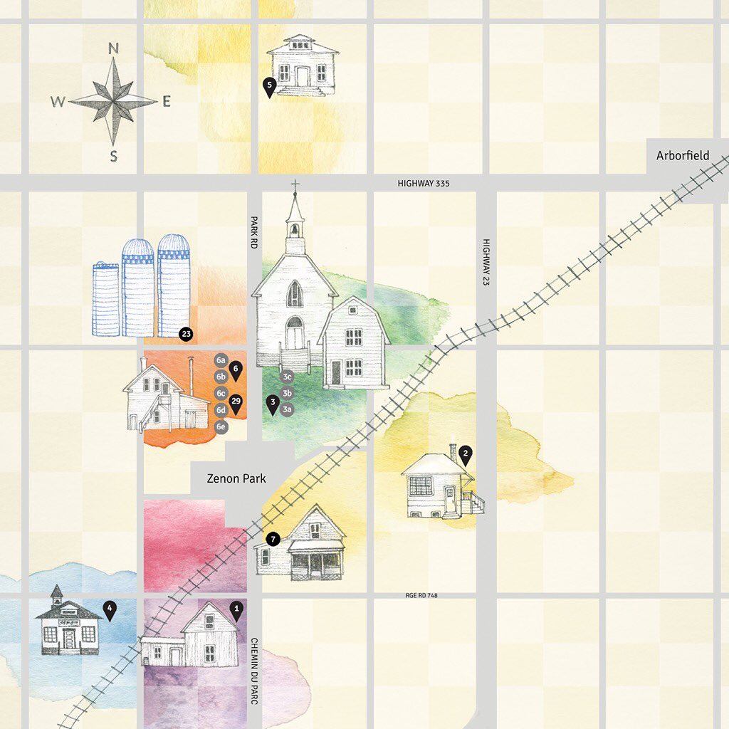 Cropping of a map I did of the area around Zenon Park for ‘La route historique’. It’s a self guided tour of the original buildings and sites from the town. Buildings that are no-longer there are drawn in pencil, and the ones that still exist today are in blue.