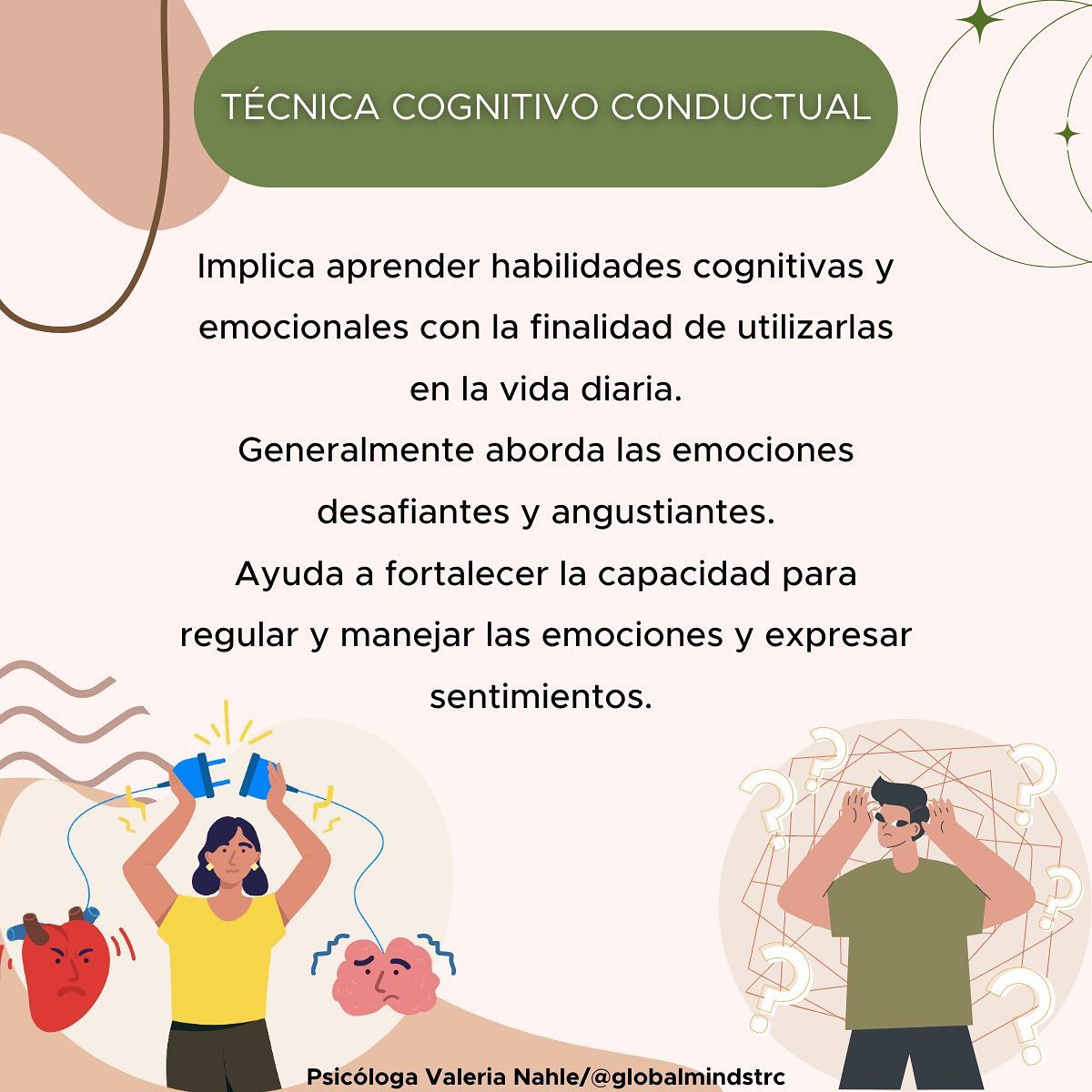 ¿Has oído hablar de la Terapia Cognitivo Conductual?🤔
Aquí te explico más a detalle🙌🏻
Esta terapia psicológica permite a la persona tomar consciencia de sus pensamientos y conductas negativas presentes, para modificarlas por otros patrones más saludables.✅
También nos ayuda a obtener autonomía y eficacia en la resolución de problemas. Esto se consigue mediante el trabajo de nuestras emociones, pensamientos y conductas.🗯️🧠
¿En qué casos se puede usar?
👉🏻Ansiedad y fobias.
👉🏻Depresión y distimia.
👉🏻Trastorno bipolar.
👉🏻Problemas de pareja.
👉🏻Autoestima e inseguridad.
👉🏻Obsesiones.
👉🏻Falta de habilidades sociales.
👉🏻Resolución de problemas.
👉🏻Toma de decisiones.
👉🏻Problemas alimenticios.
🧠Psicóloga Valeria Nahle / @globalmindstrc