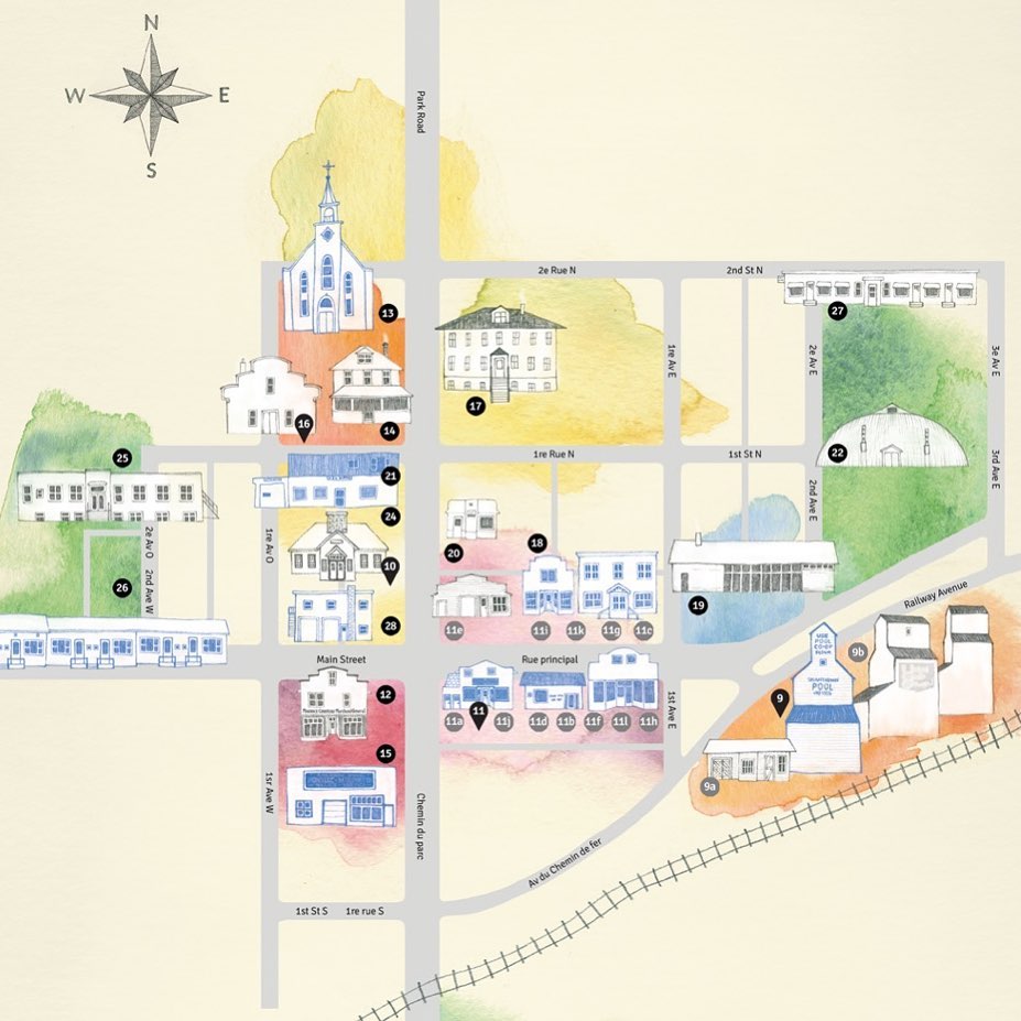 Another cropping of a map I did for ‘La route historique.’ This one is of the village of Zenon Park, and shows the original buildings that no longer exist in graphite, and the ones that still stand in blue.