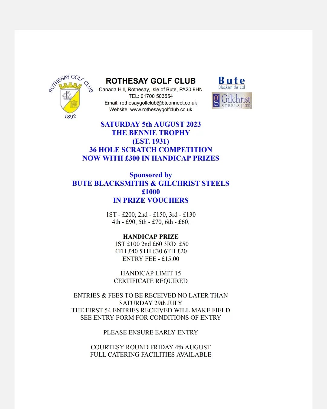 ***** Bennie Trophy 2023 ***** 36 holes Open Competiton. Enteries still being accepted. Draw taken place on the 31st July #golf #argyllandbutegolfunion #firthofclydegolf #scottishgolf