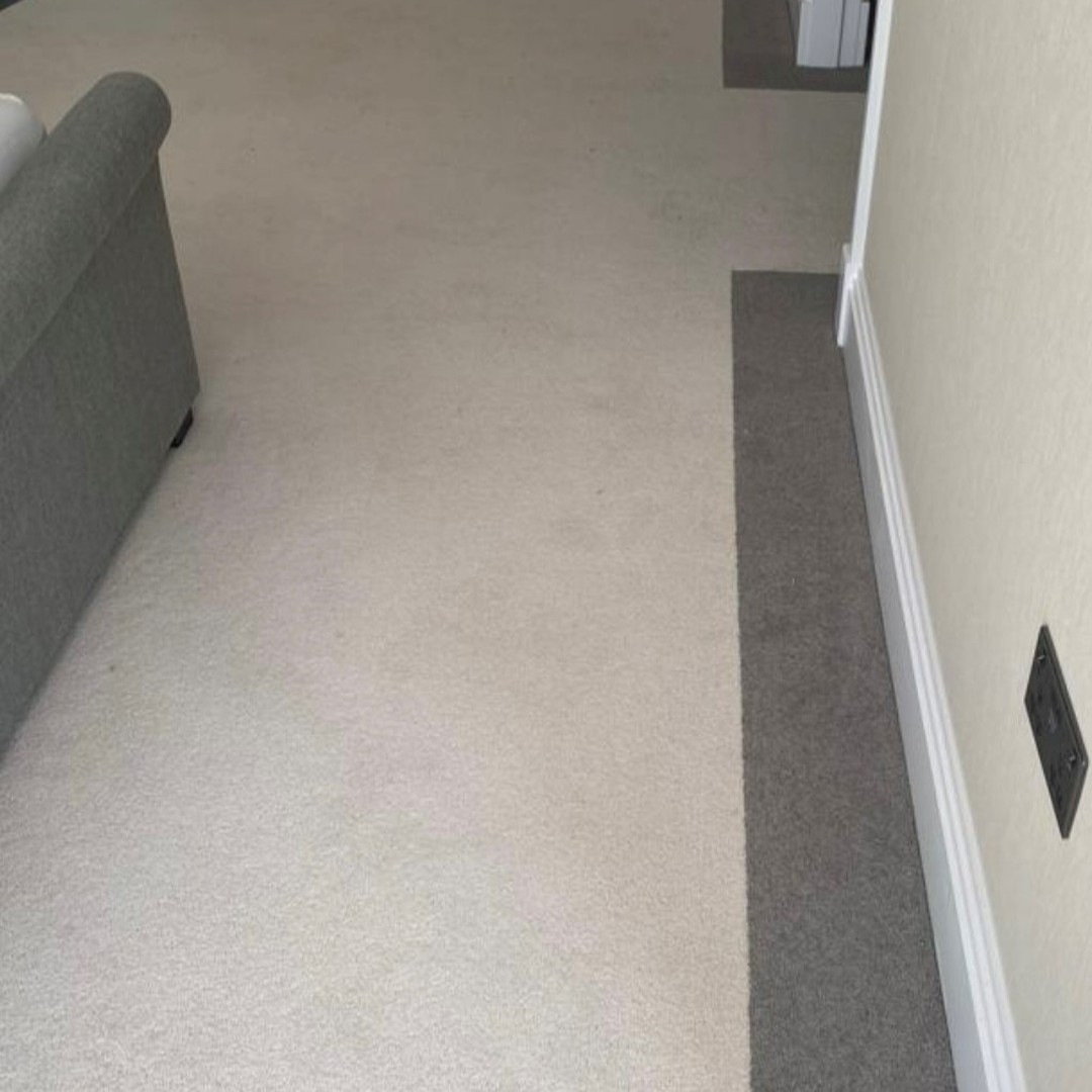 Abingdon Wilton Royal Charter Deluxe carpet in Jasmine White edged with Silver Shadow to create a contrasting border