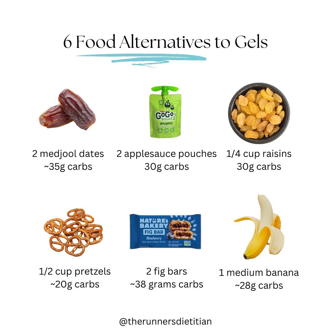 If you don’t want to spend the money or just don’t enjoy sports nutrition products, you can opt for other forms of carbs on your run.
Keep in mind though that sports nutrition products like gels and chews are made specifically for the purpose of fueling the body on the run. They typically contain a few different forms of carbs that use different transporters in the body. This has been shown to improve the rate at which the body can use those carbs and decrease GI distress that can happen with consuming carbs during exercise.
Still, how you fuel your run is up to you and these food alternatives can absolutely work! Most gels contain around 20-25 grams of carbs so we’d typically want to consume anywhere from 2-4 per hour depending on several factors. Be sure to account for this and don’t forget to consider sodium content (or lack thereof) in the carb source you decide to use.
✨ Have more questions on crunching numbers for fueling or experimenting with different types? Send me a DM and let’s chat! ✨
PMID: 25559901