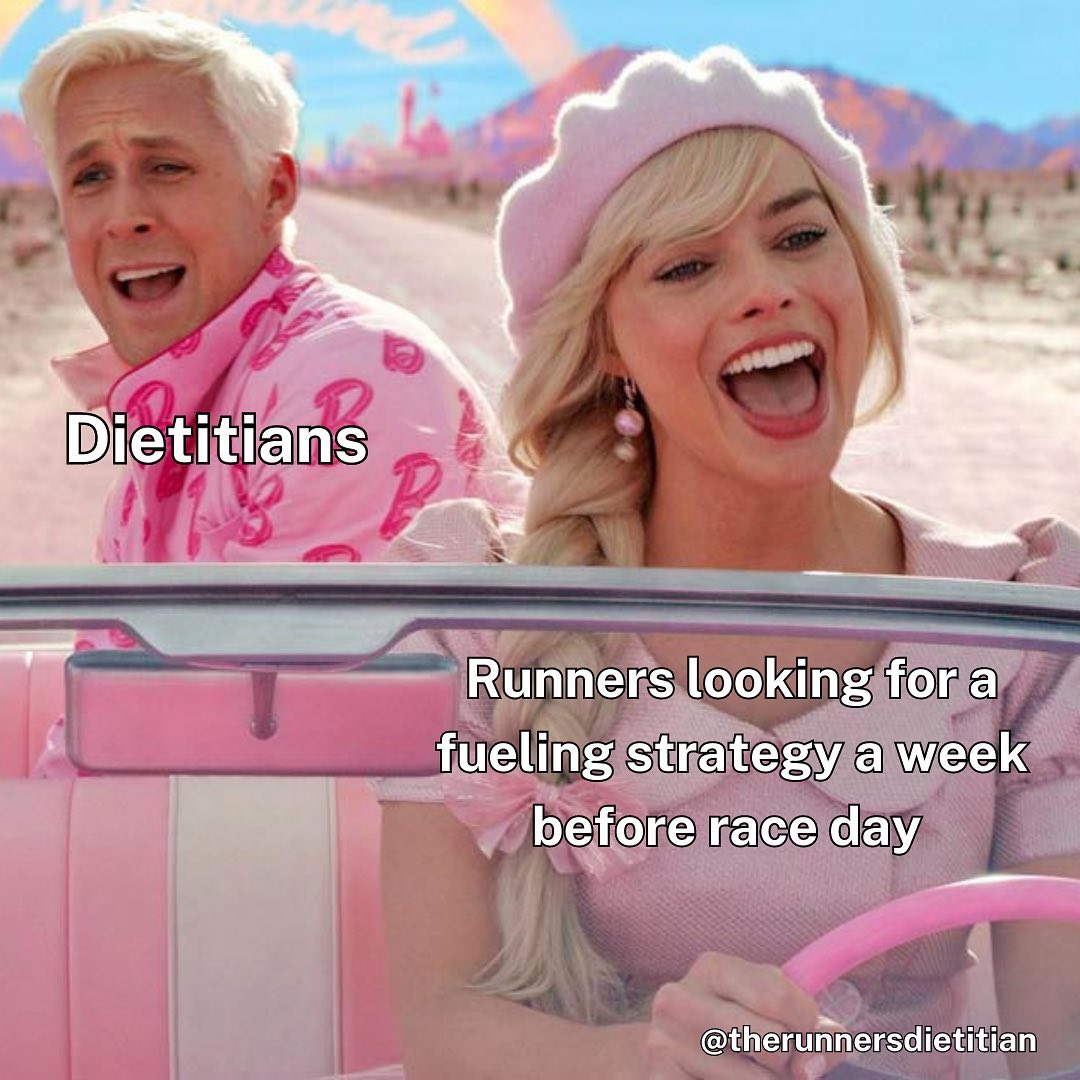 I wasn’t going to jump on the Barbie trend but I couldn’t help myself 💅
PSA: Your fueling strategy needs to be in place several weeks out from your race. Ideally, you’re practicing fueling throughout the entire training cycle. The closer you get to race day, the less we want to be experimenting. And absolutely NOTHING new on race day. Seriously.
Coffee is not fuel. Food 👏 is 👏 fuel 👏
And if you want to lose weight, it’s not the time to chase a PR. There’s nothing wrong with having body composition goals, but if you want to PR your next race, you can’t be in a caloric deficit to support weight loss.
If you’re training for a Fall race, NOW is the time to get your nutrition squared away. Next week is August already and races are just weeks away! Do you have your fueling strategy in place? If not, send me a DM and let me know what race you’re training for 🏃♀️🔥