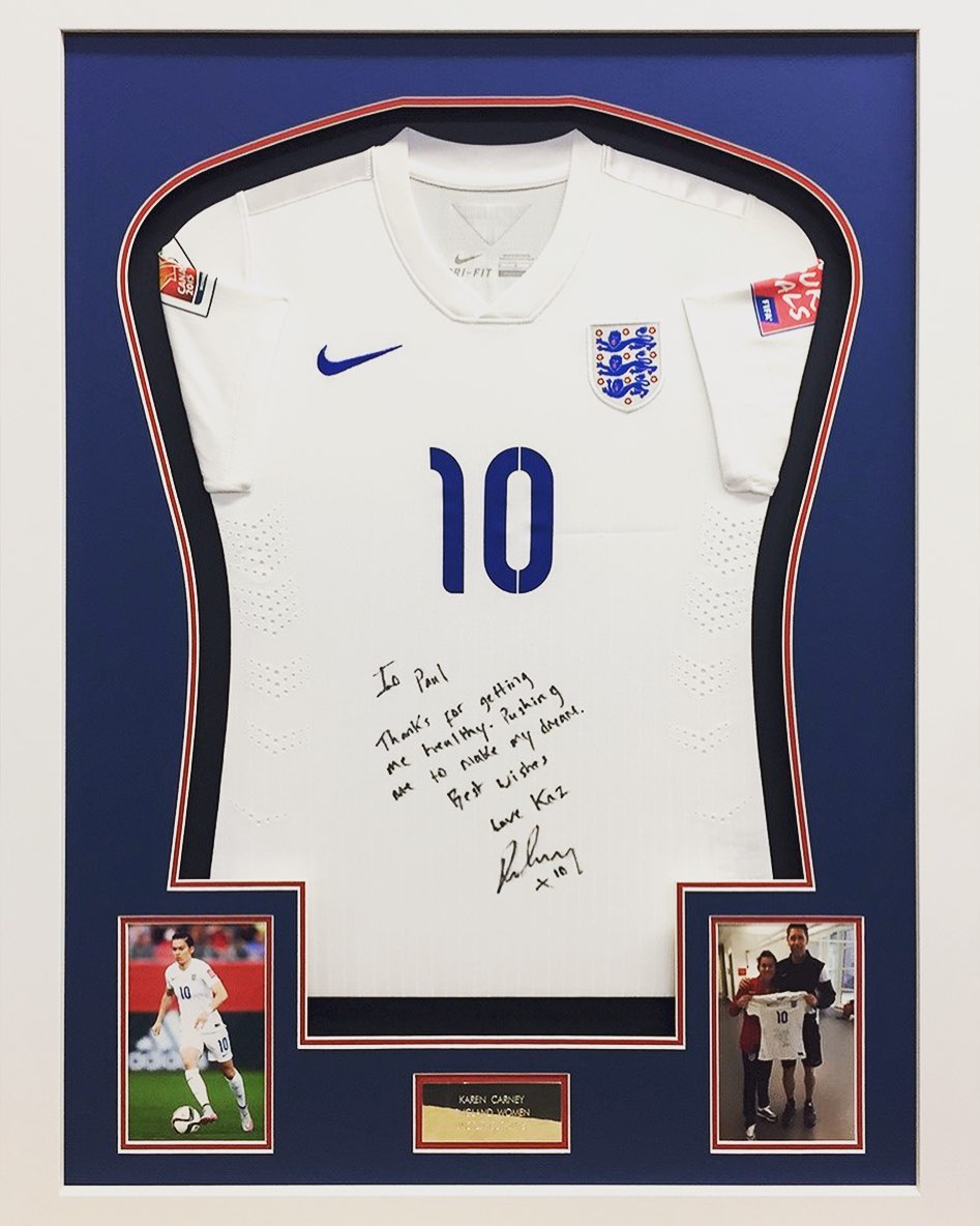 Come on England!!!
England are up against Colombia in their quarter final on Saturday. Strap yourself in!
Pictured: Lionesses shirt, stretched and pinned. Customised/shaped top mounts, with photos and plaque.
#premiershirtframing #pictureframer #framing #bespokeframing #englandladiesfootball #englandlionesses