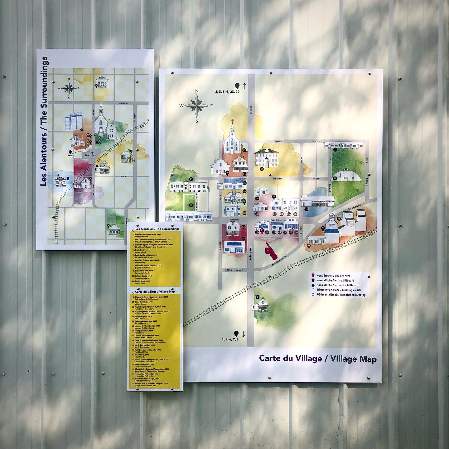 My maps are blown up and hanging on the exterior of the AFZP building on Main Street in Zenon Park, Saskatchewan. Can’t wait to do the ‘La route historique’ self guided tour for myself at some point :)