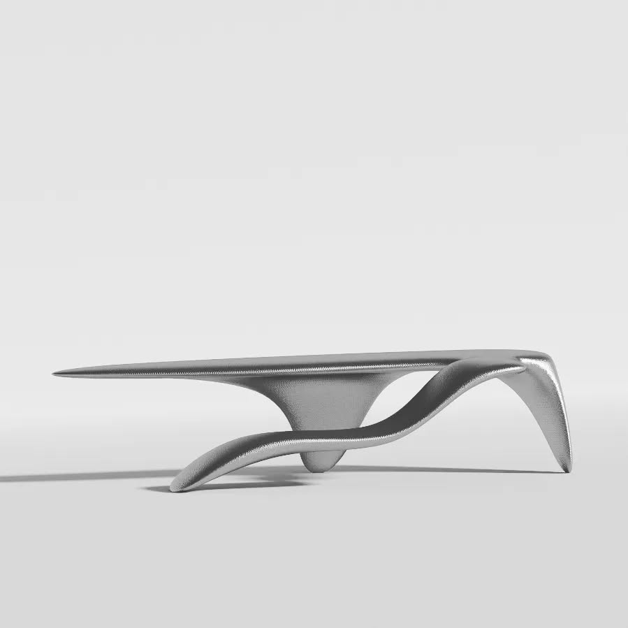 This unique and exceptionally artistic bench features a cantilevered desk integrated into its design, creating a seamless masterpiece with its edgeless, sharp organic shape.