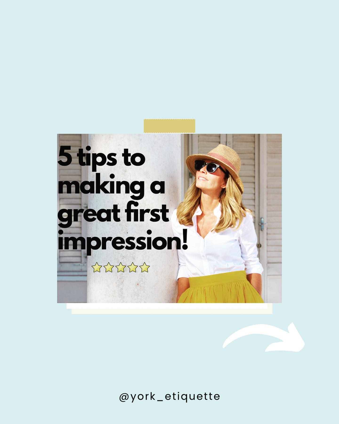 ✨First impressions really count!
You’ve probably heard it can take just 7 seconds for people to make a judgment about others.
Elevate your social etiquette presence, and make a great first impression by practicing my 5 game changing tips above ⬆️ 💫
*
*
#image #confidence #lifeskills #firstimpressions
#etiquette #etiquettetips #etiquettecoaching #etiquettetraining #etiquetteexpert #etiquetterules #etiquettetrainer #etiquettelessons #businessetiquette #etiquettecoach #etiqueta
#instatips #hello #socialetiquette #pleaseandthankyou #smile