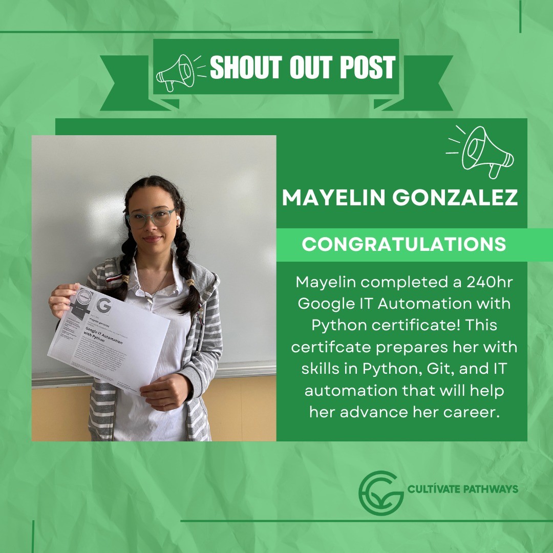 Congratulations to Mayelin Gonzalez who just completed her Google IT Automation with Python certificate! 🎉 🎉🎉
This is not an easy accomplishment! The course is a 240 hr professional level certificate that industry professionals complete to level up.
Mayelin is an 18 year old recent graduate of @lynnpublicschools where she studied Web and Computer Programming. She's a super talented and determined young woman and we love seeing her break barriers and reach her goals! 🔥
Felicidades, Mayelin, por todo su trabajo al llegar a este logro! Lo hiciste! ✨
