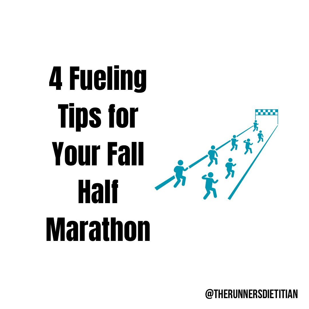 Running a Fall half? It’s coming up fast! Now is the time to experiment and nail down your fueling strategy.
In order to be successful, you will need to plan every part of it.
How many carbs do you need for your carb load?
Should you do 1 day or 3 days of a carb load?
What carbs sit well with you during a carb load?
What pre-race breakfast will you eat?
What products are you going to use to hit your carb goals?
What about your fluid needs?
Will you carry fluids, use the aid stations, or maybe both?
How will you hit your sodium needs?
These are just some of the questions you need to be asking yourself as you get ready for race day.
If you haven’t started yet, start now!
If crunching all the numbers and experimenting with different approaches is totally overwhelming you… message me FUELING and I’ll show you how you can create the perfect plan to get you across the finish line feeling STRONG instead of completely fried.