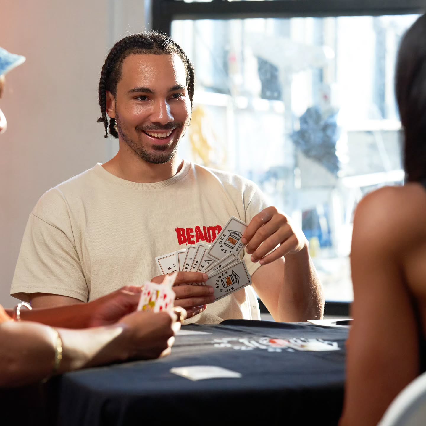 Sometimes it's the cards. Sometimes it's the person playing them! Either way, our Spades tournament is always full of smiles. 📸 @danielvasquezphotos #SipNSpades #Afropunk #Spades #Spadestournament #BigConnect4 #BigJenga #UNO #Dominoes