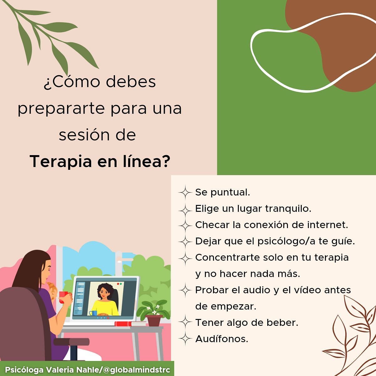 _Aqui te dejamos algunos tips de como debes prepararte para una sesión de terapia en línea _💻🖱️🫶🏼
Si no puedes acudir a terapia psicológica presencial, ¡no te preocupes! Puedes hacerlo en línea✨
En la imagen te dejo los beneficios de llevar a cabo tu proceso de terapia online.🤍🧠✨
🧠Psicóloga Valeria Nahle / @globalmindstrc