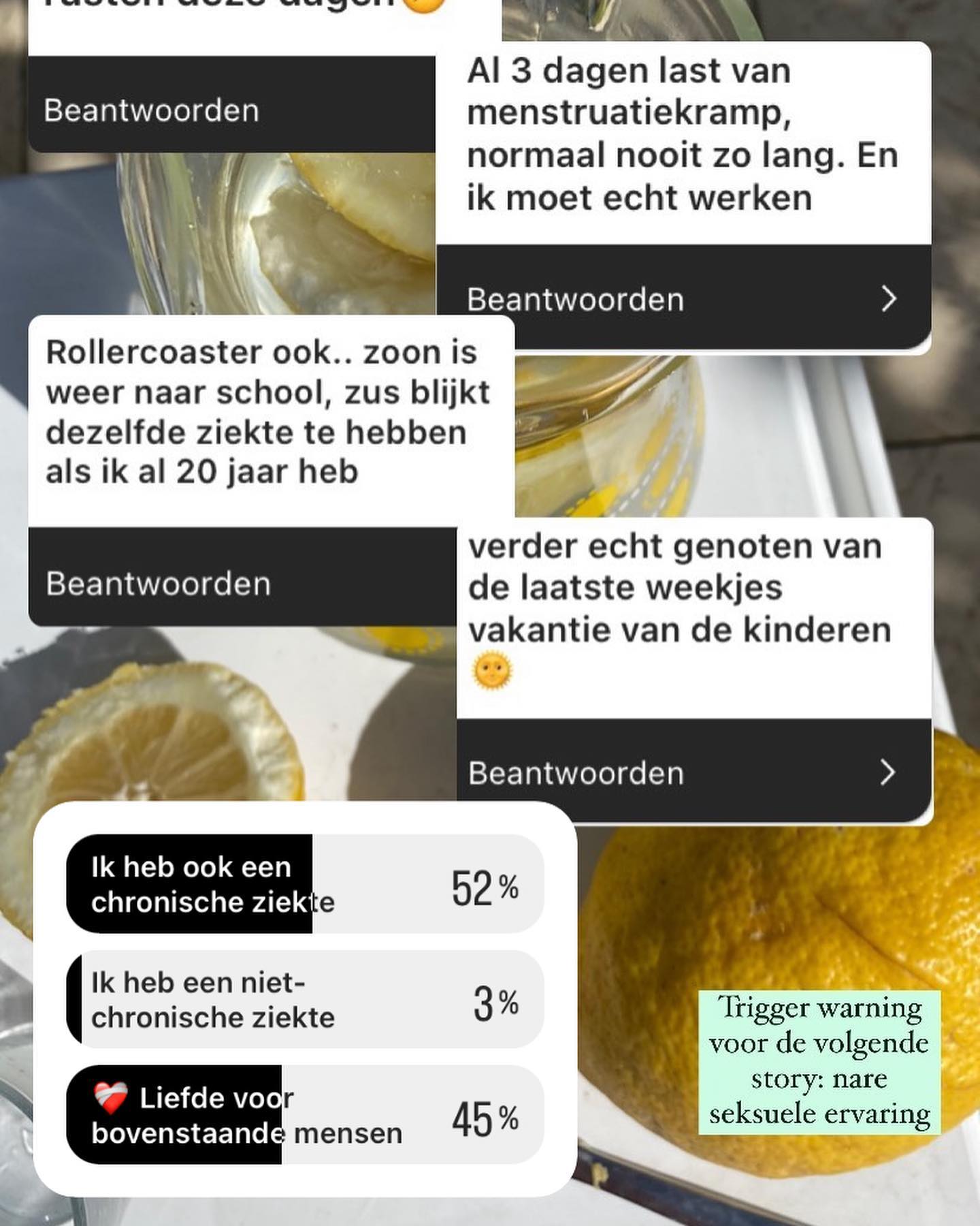 Heel eerlijk? Ik ben best geschrokken!
Na mijn social media pauze was ik benieuwd hoe het met jullie ging. Over all ging het heel goed met jullie, maar na een aantal stories kwamen we op deze gesprekken. En ik schrok.
Dat 52% van mijn stemmers een chronische ziekte heeft. Daar dag in dag uit mee moet leven… En 37% een nare (s•ksuele) ervaring heeft gehad! Dat laatste bewijst voor mij weer hoe belangrijk het is om van jongs af aan te leren praten over s•ks. Ik ben er van overtuigd dat alleen door te praten dat cijfer al naar beneden zal gaan.
Ik geloof ook net als Eva (laatste foto) dat wij het anders doen, wij gaan verschil maken door onszelf en elkaar te helen om positieve en bad ass energie door te kunnen geven aan de volgende generatie.
Fleur had ook nog een mooie tip voor de mensen die hard aan het werk zijn te helen of om lekker in hun vel te zitten; ‘soms is inzoomen nodig zodat je kan uitzoomen en dingen kleiner zijn dan ooit te voren’🫶🏼
Schrik jij van deze cijfers? Of had je het wel verwacht?
#mentalegezondheid #chronischziek
#seksuelevoorlichting