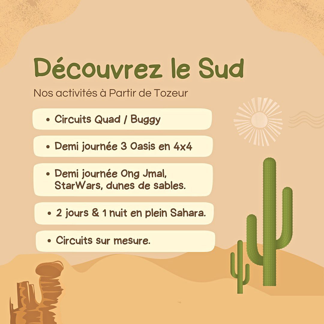 Planifiez vos vacances de décembre dès maintenant avec Nous! Plusieurs forfaits à partir de Tozeur. Écrivez-nous pour plus de renseignements. #tozeur #sahara #quad #buggy #douz
